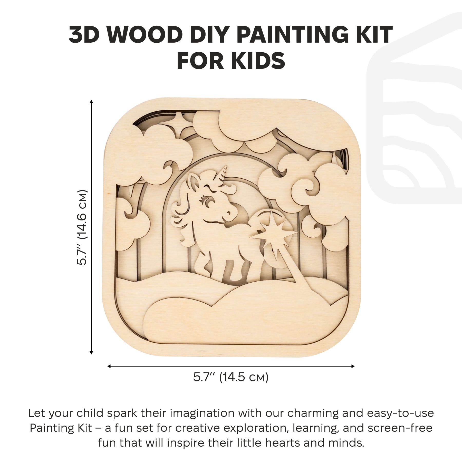 3D wood DIY painting kit for kids with unicorn design and dimensions on a white background