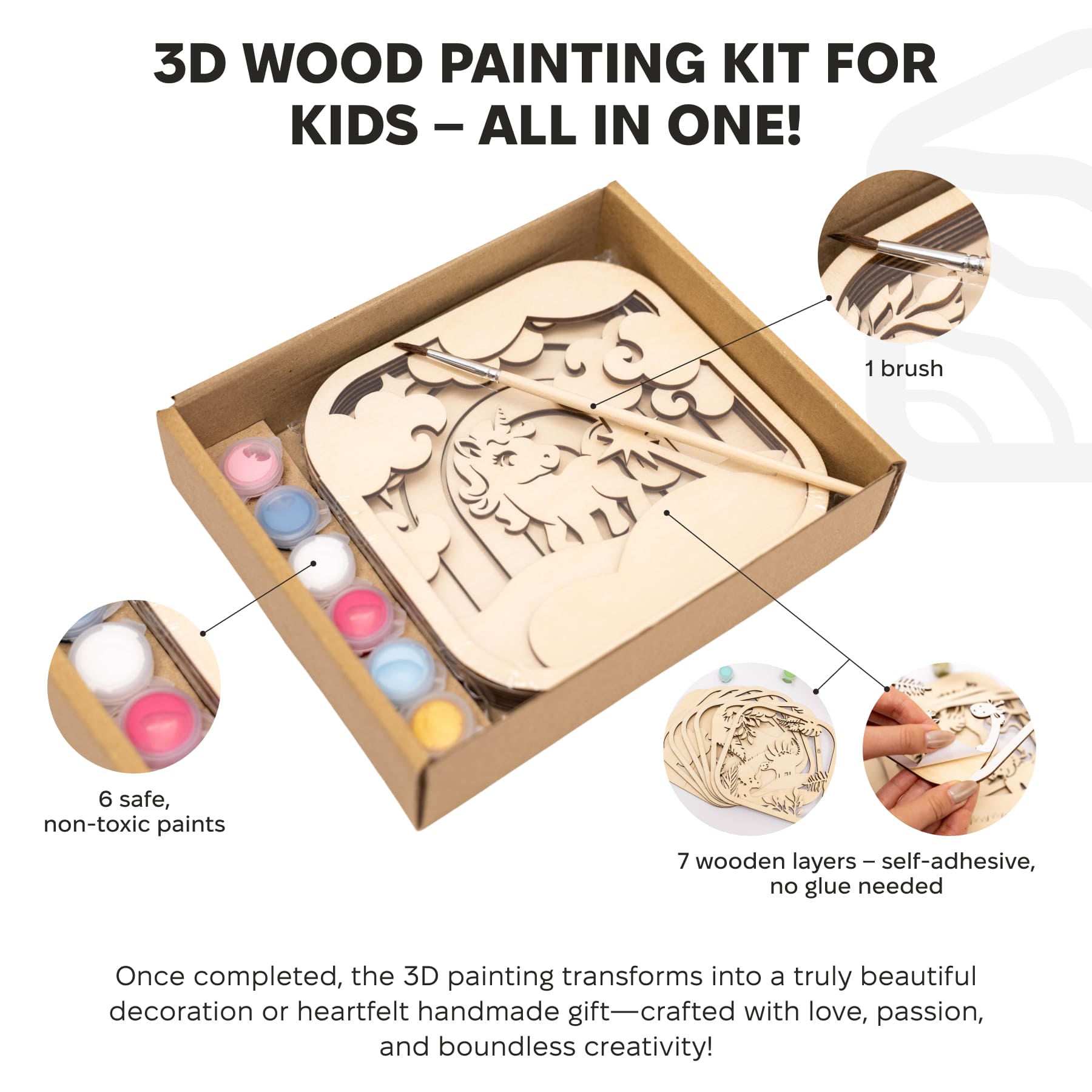 3D wood painting kit for kids with packaging showing components like paintbrush, paints, and wooden layers.