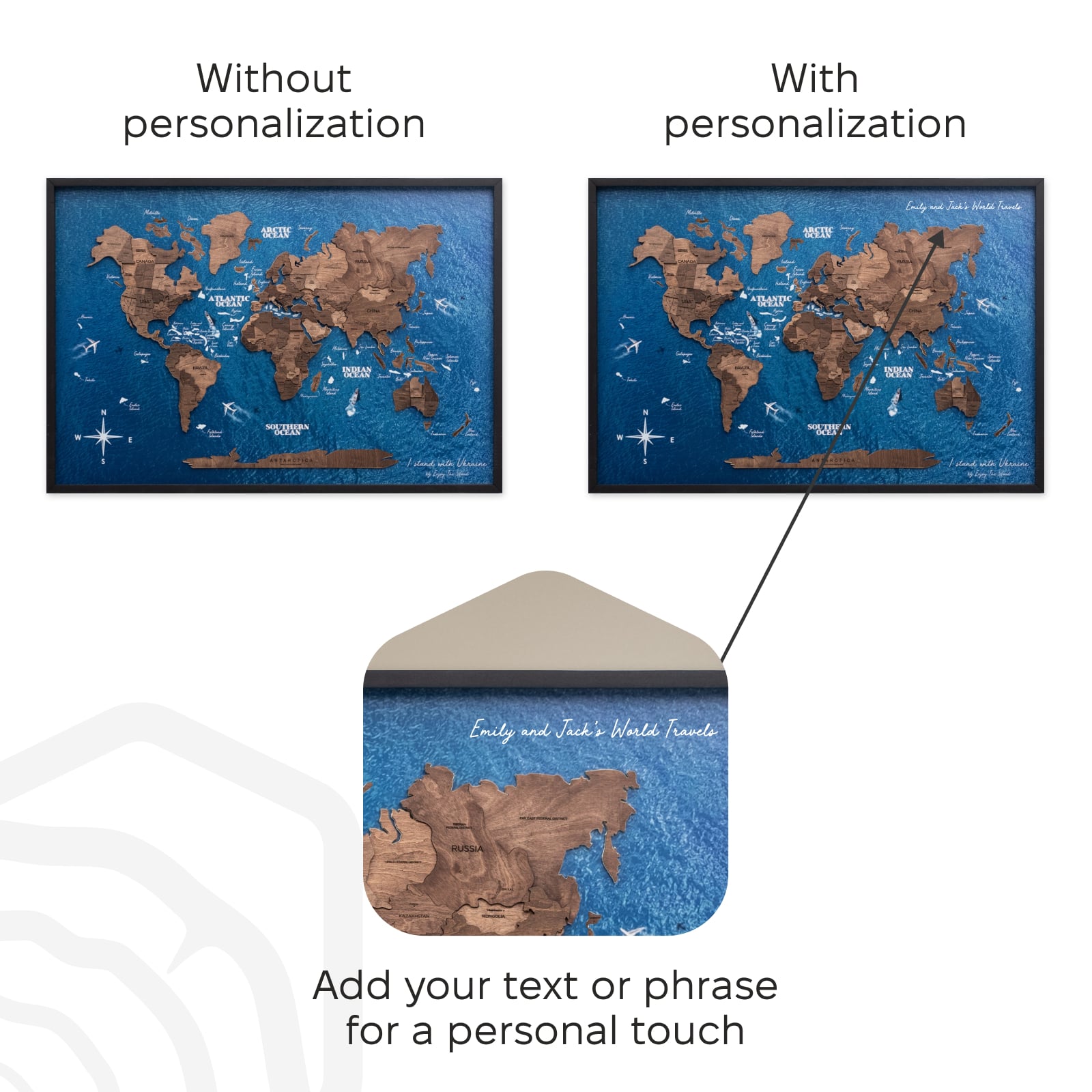 World map with and without personalization text, showing a customizable option.