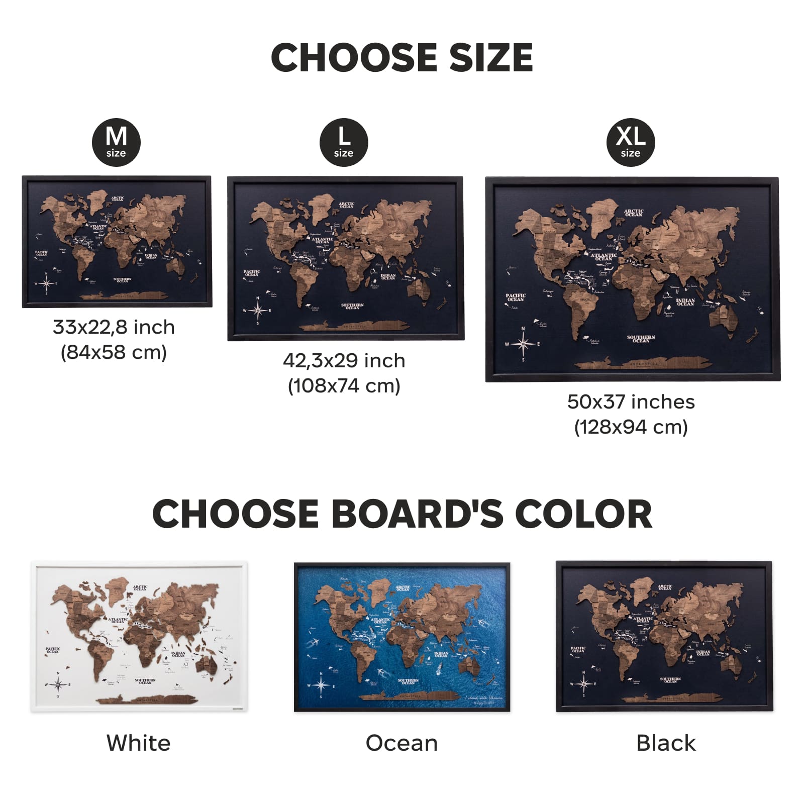 World map board with size and color options displayed.