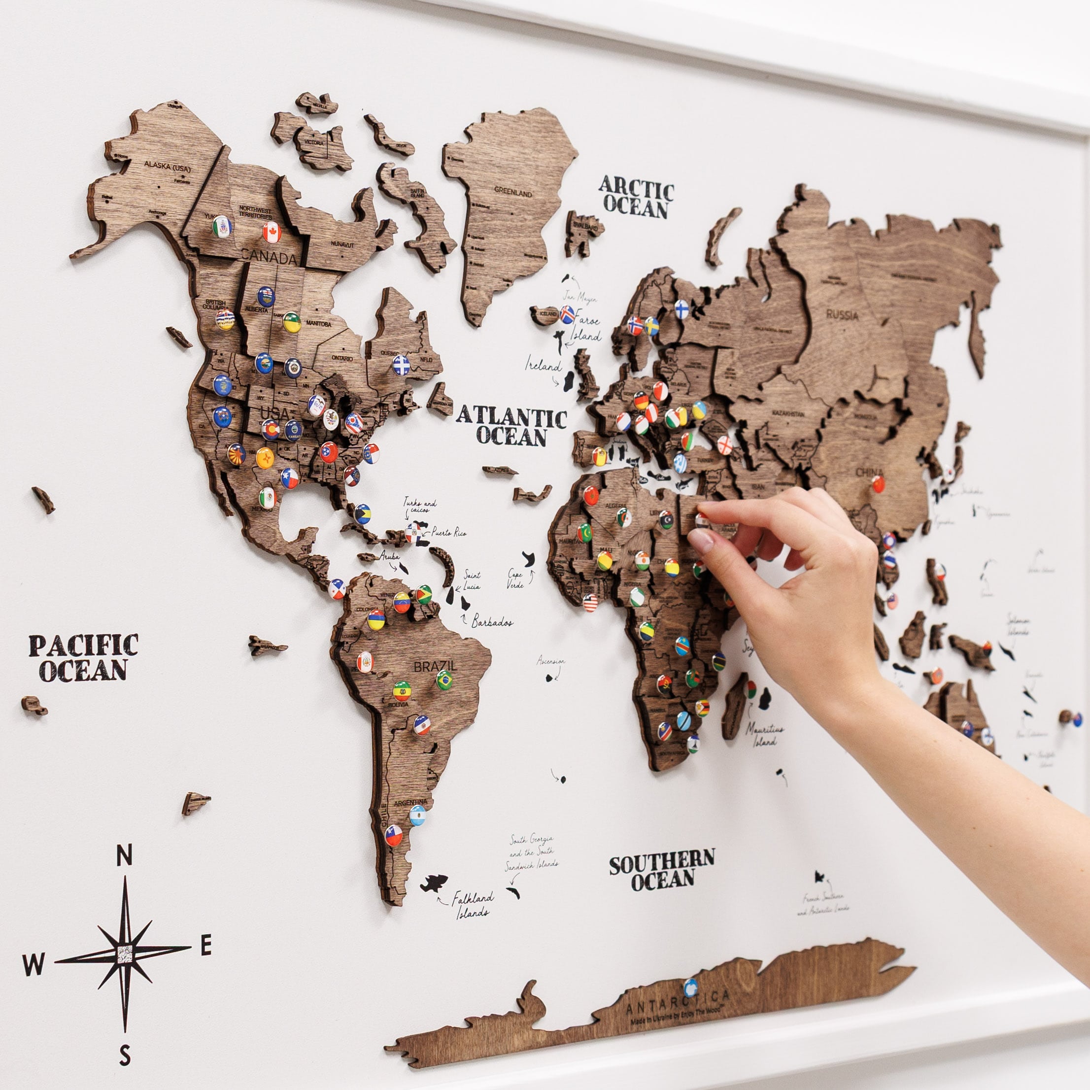 World map with pins on a white background