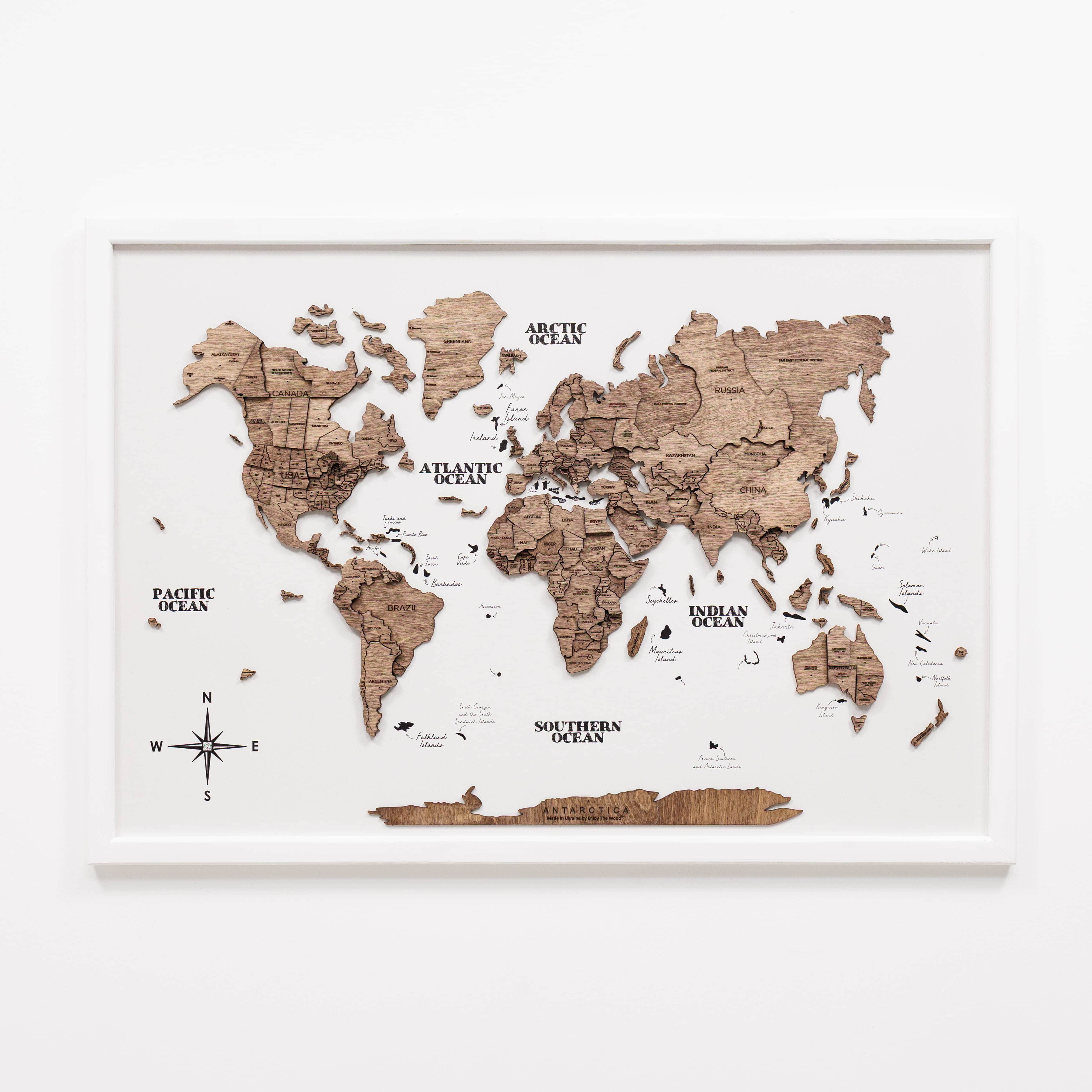 Wooden world map on a white background