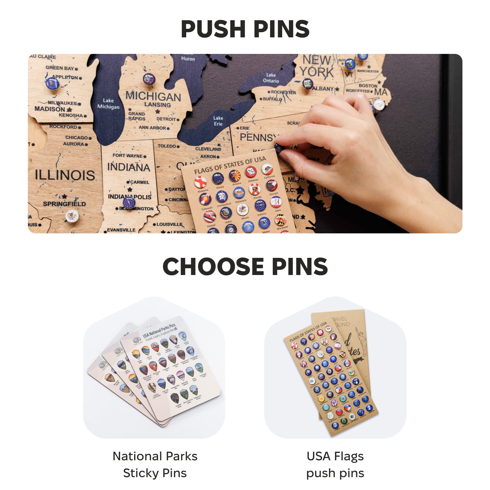 Map of the United States with push pins and a hand placing a pin, accompanied by options for national parks sticky pins and USA flags push pins.