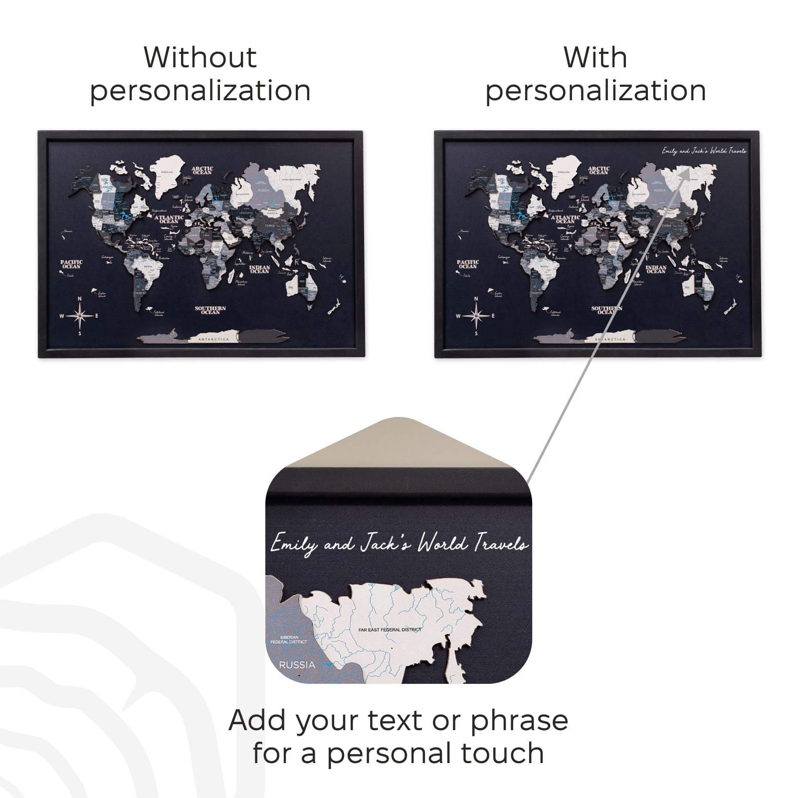 World map with and without personalization text, showing a customization option.