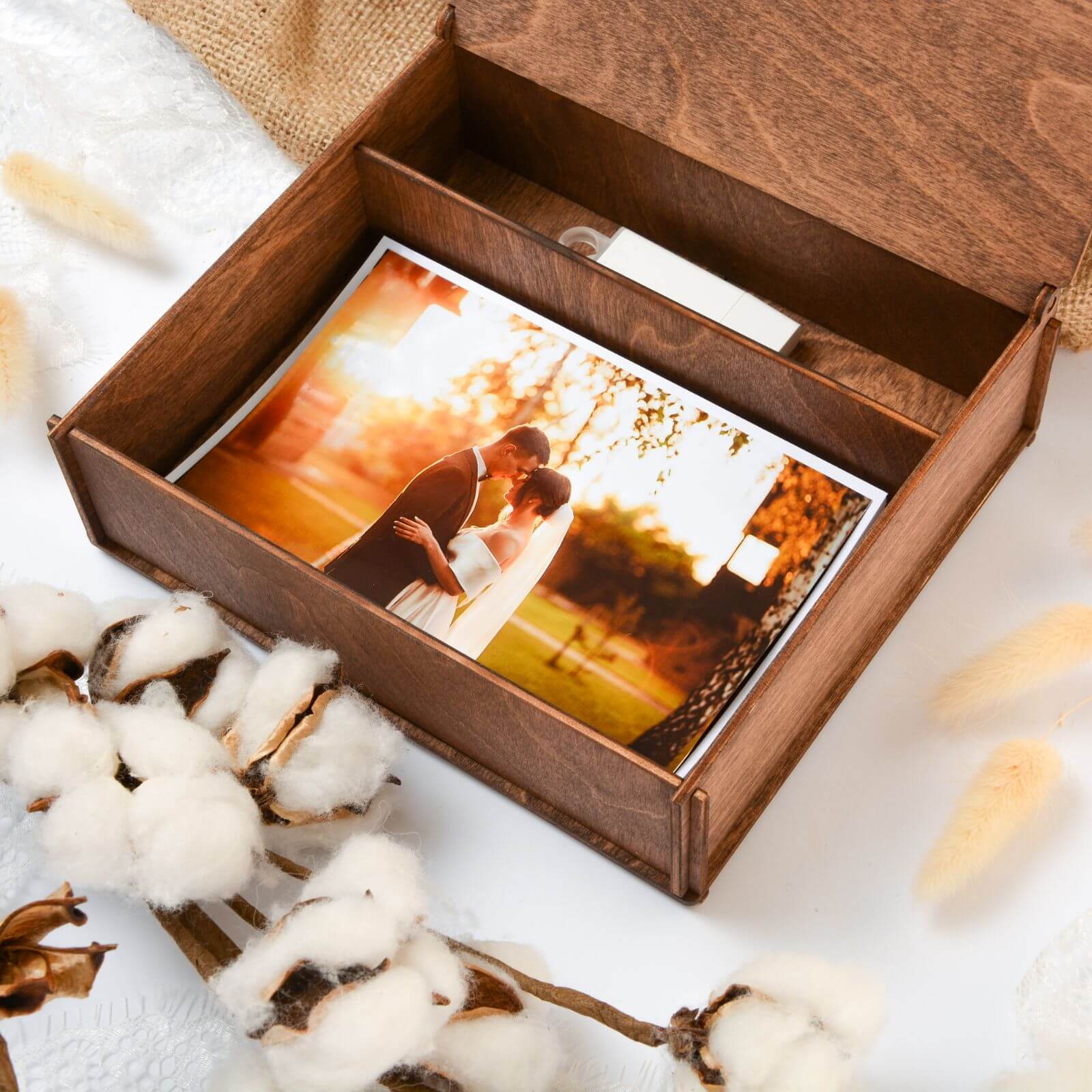 Wedding photo box with USB flash drive compartment