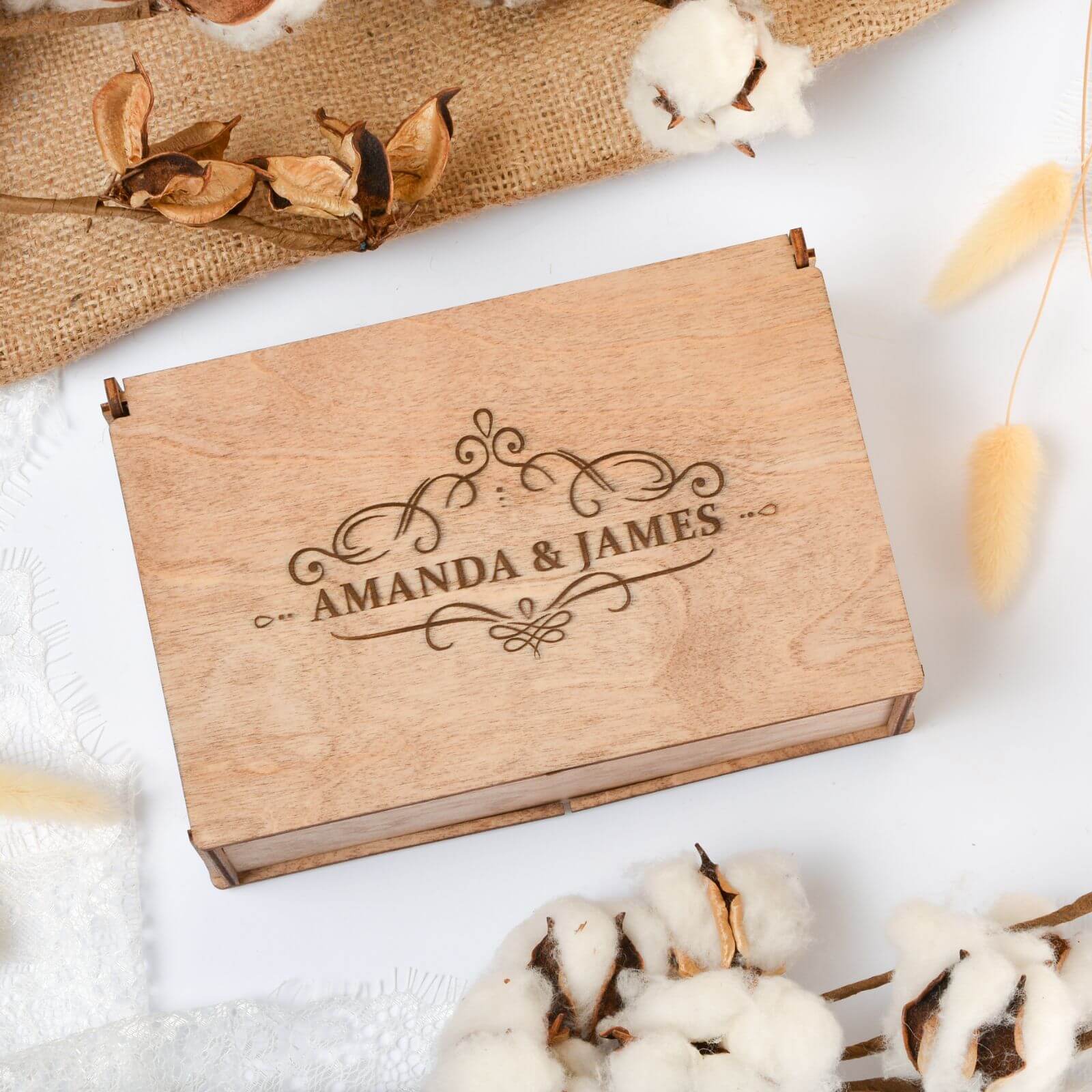 Wooden wedding photo box engraved Amanda and James keepsake