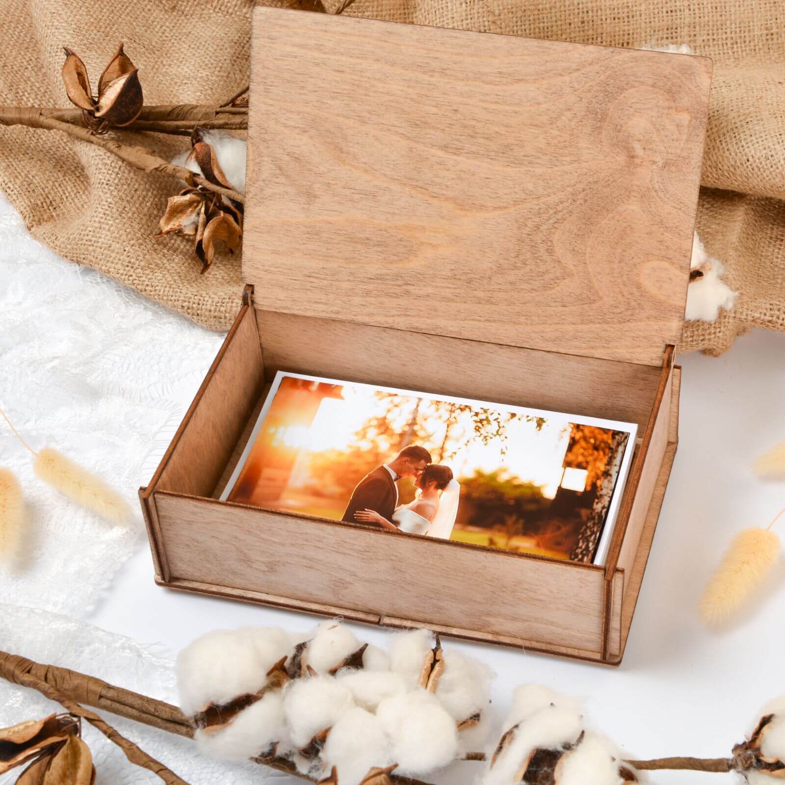 Rustic wooden wedding photo storage box with engraved lid