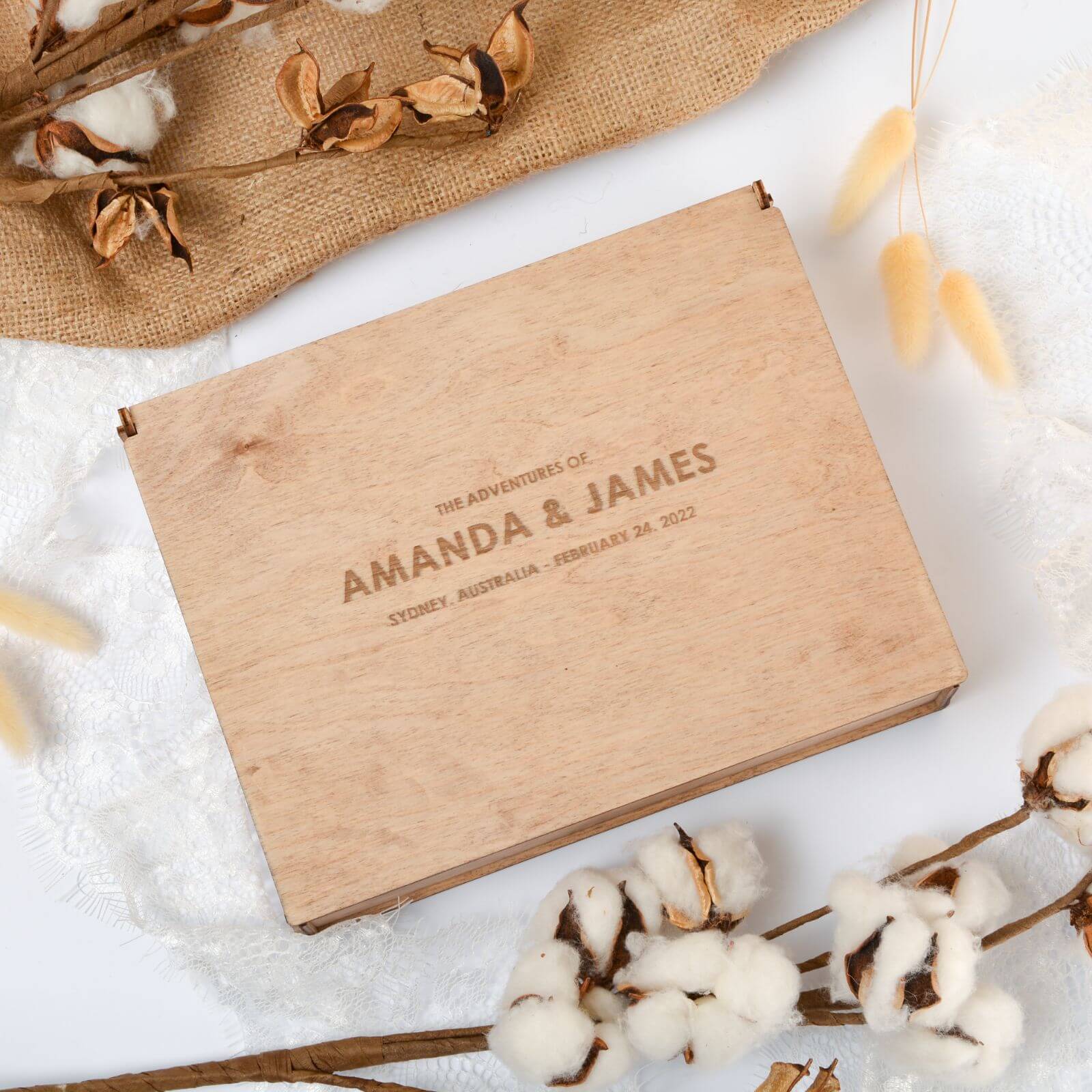 Personalized engraved wooden photo box Amanda and James