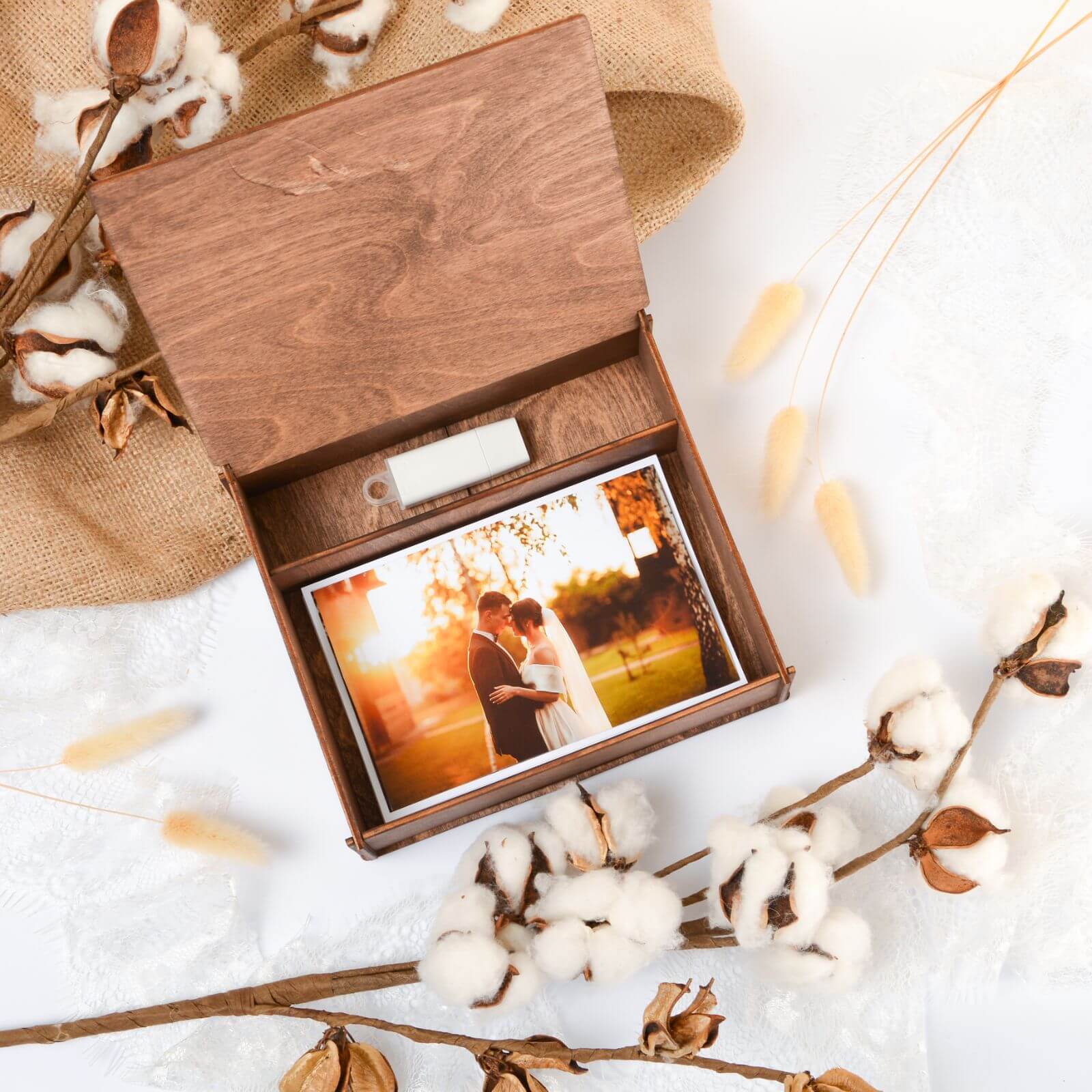 Wedding photo box with USB drive and rustic cotton