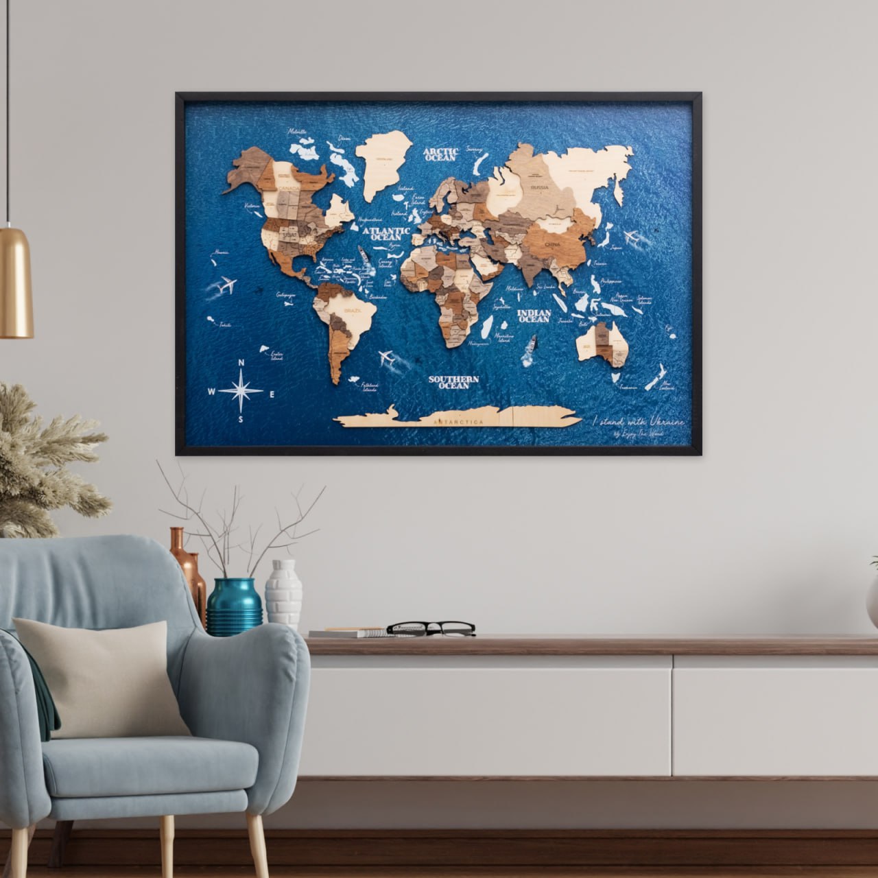 3D Wooden Panel World Map Multicolor