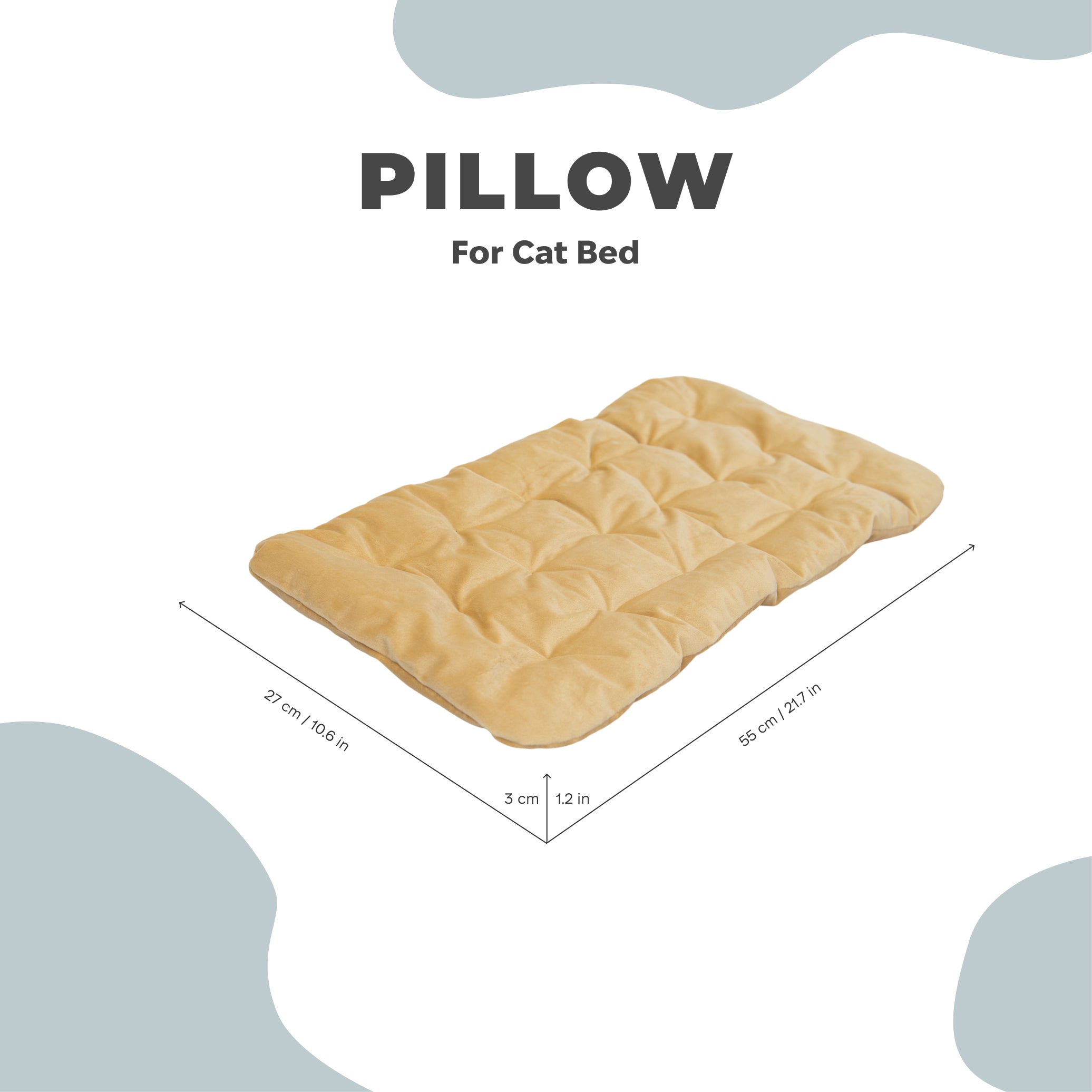 Beige pillow for cat bed with dimensions on a light blue background