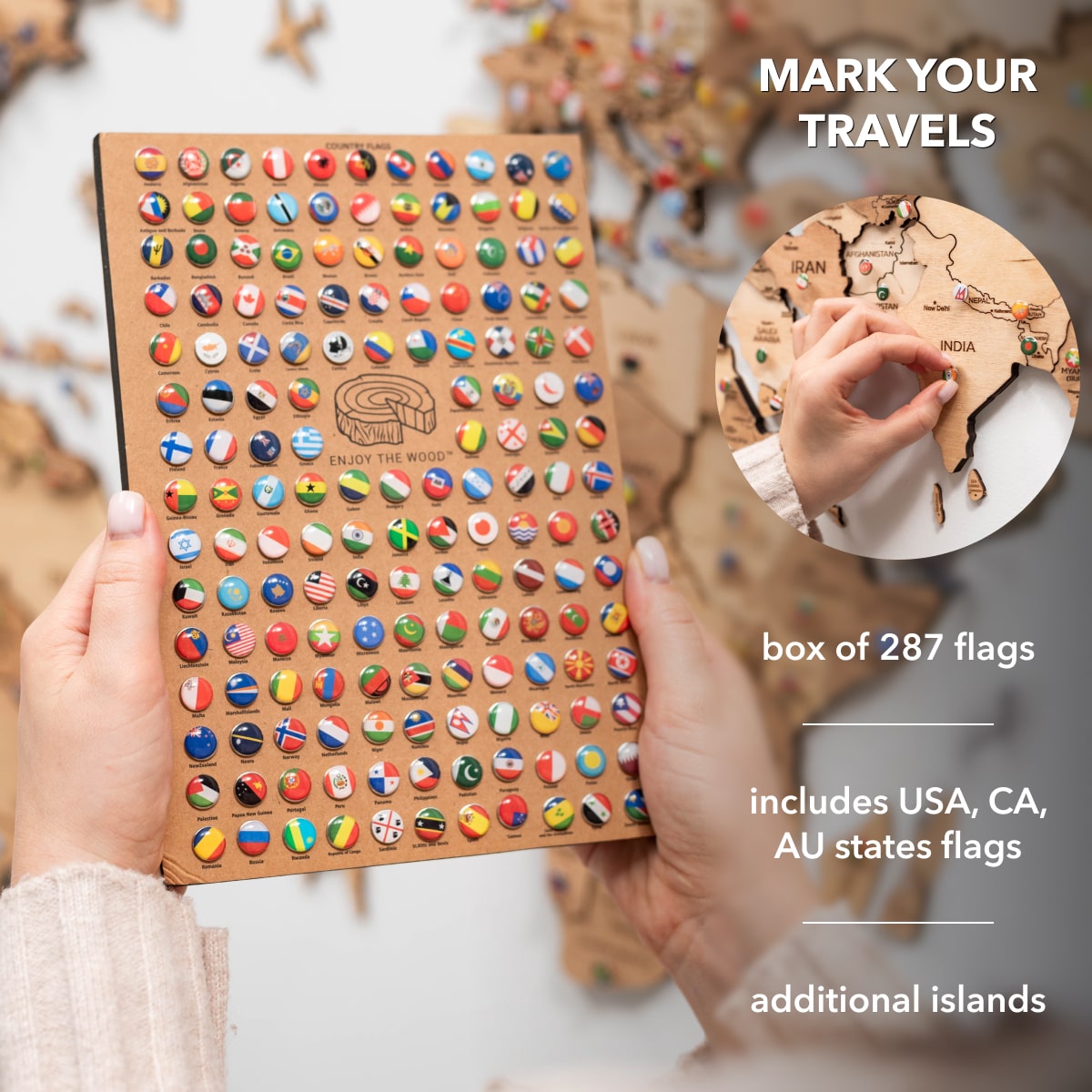 wooden world map with pins