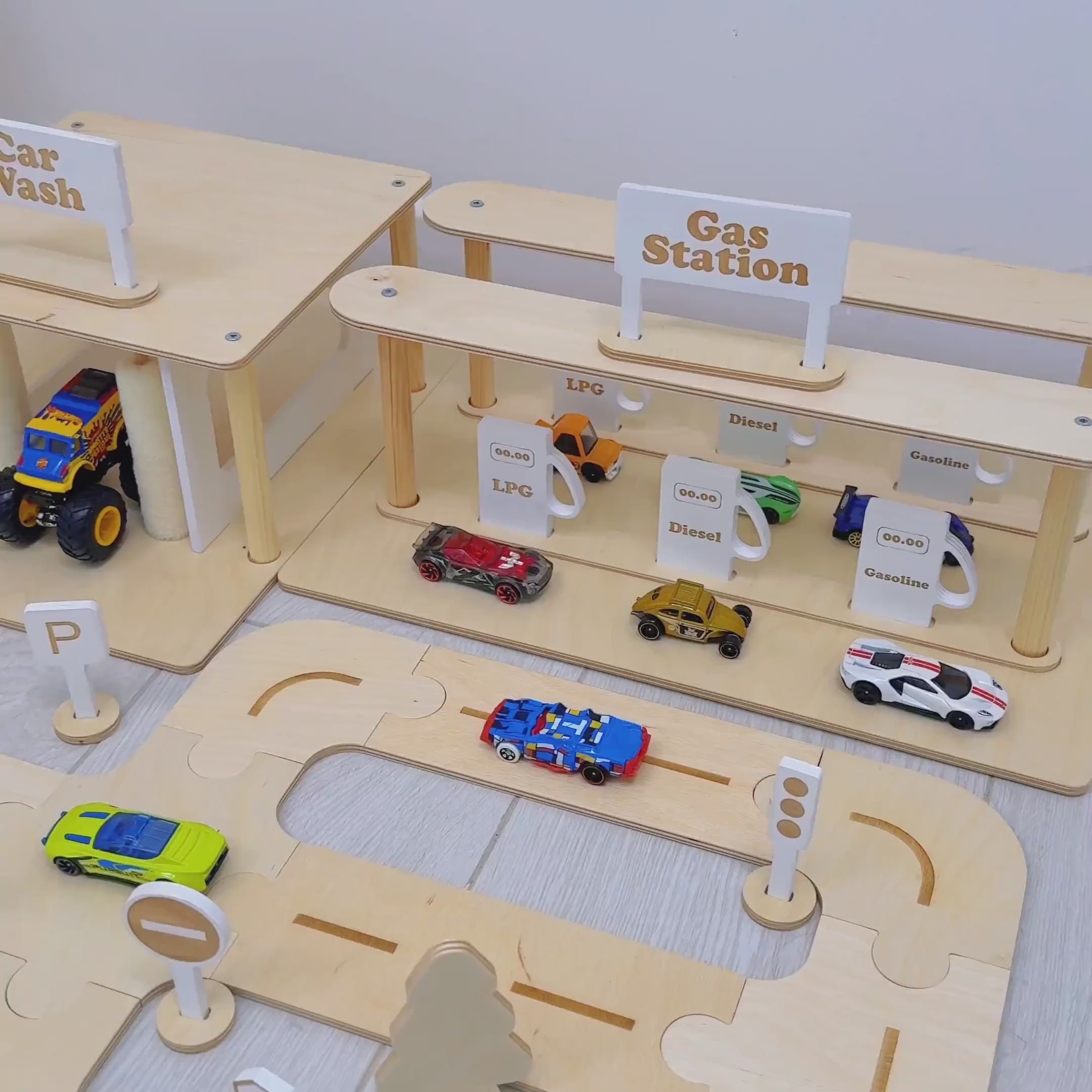 Wooden toy gas station and car wash playset for kids