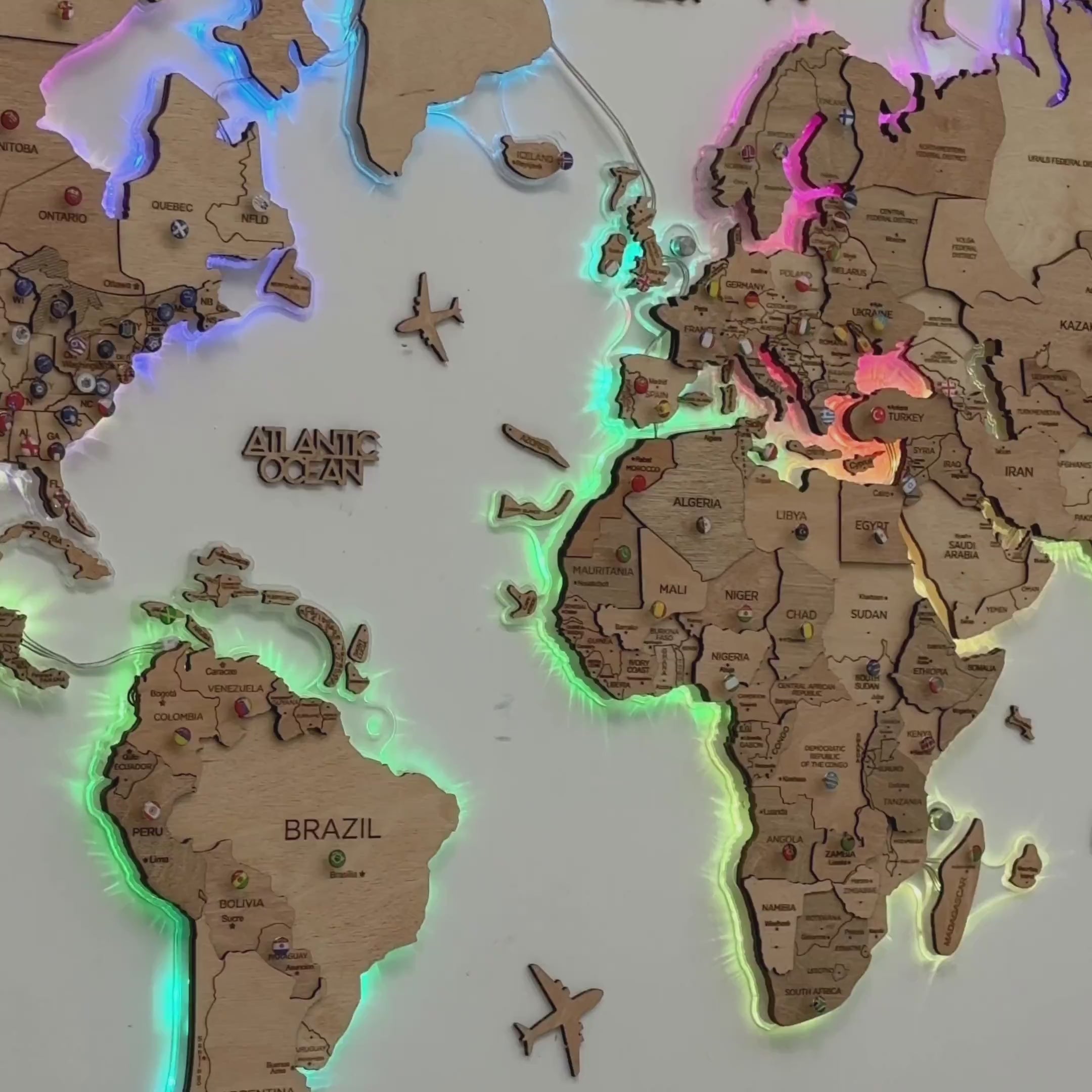 wooden world map with led lights