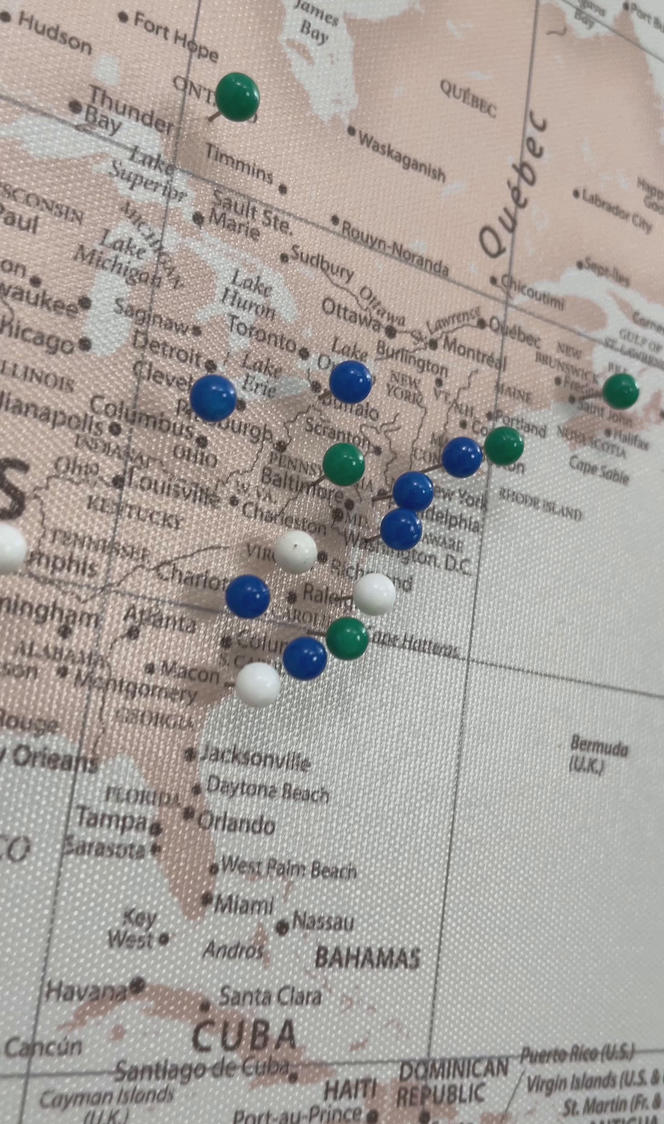 world push pin travel map on canvas
