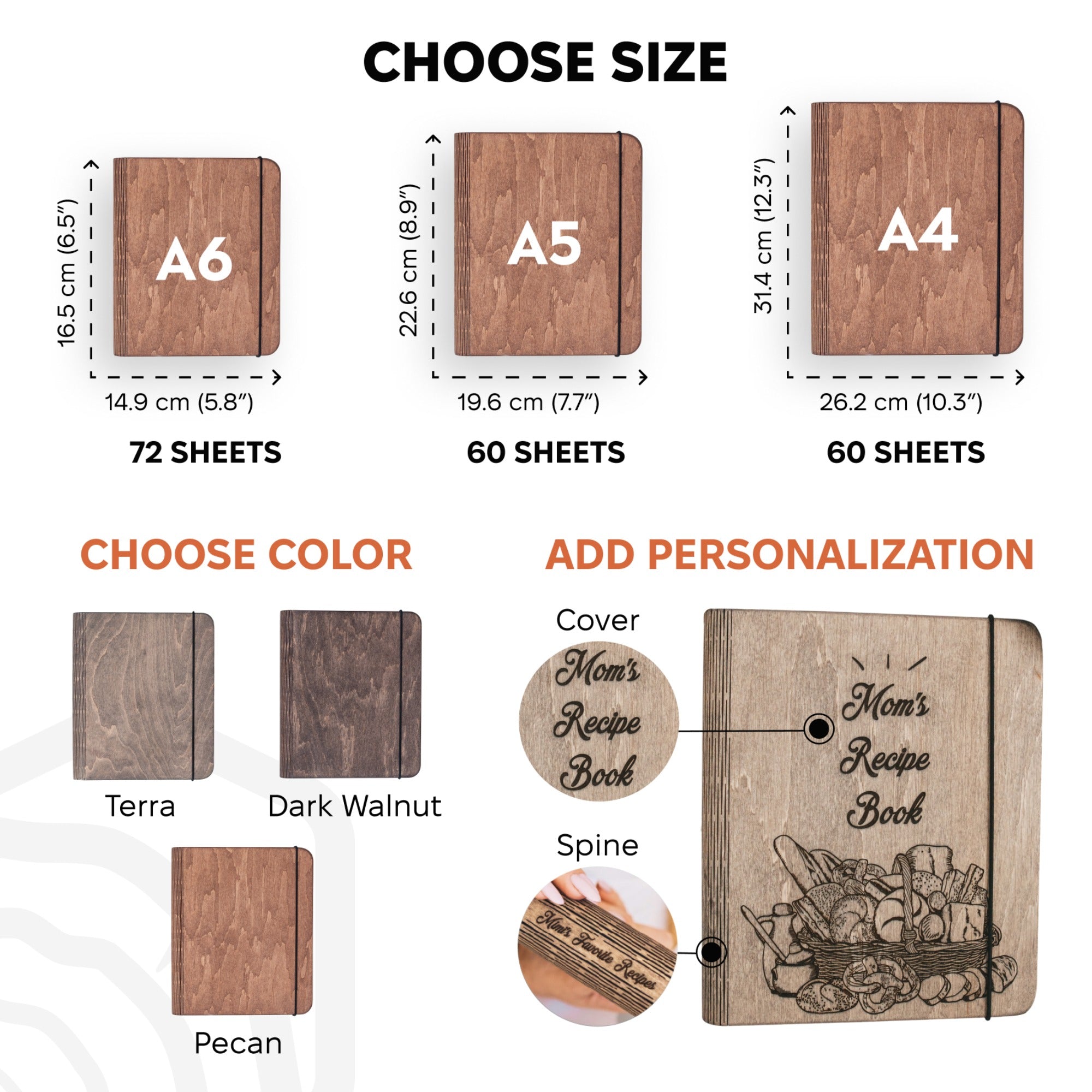 Wooden recipe book with size, color, and personalization options displayed.