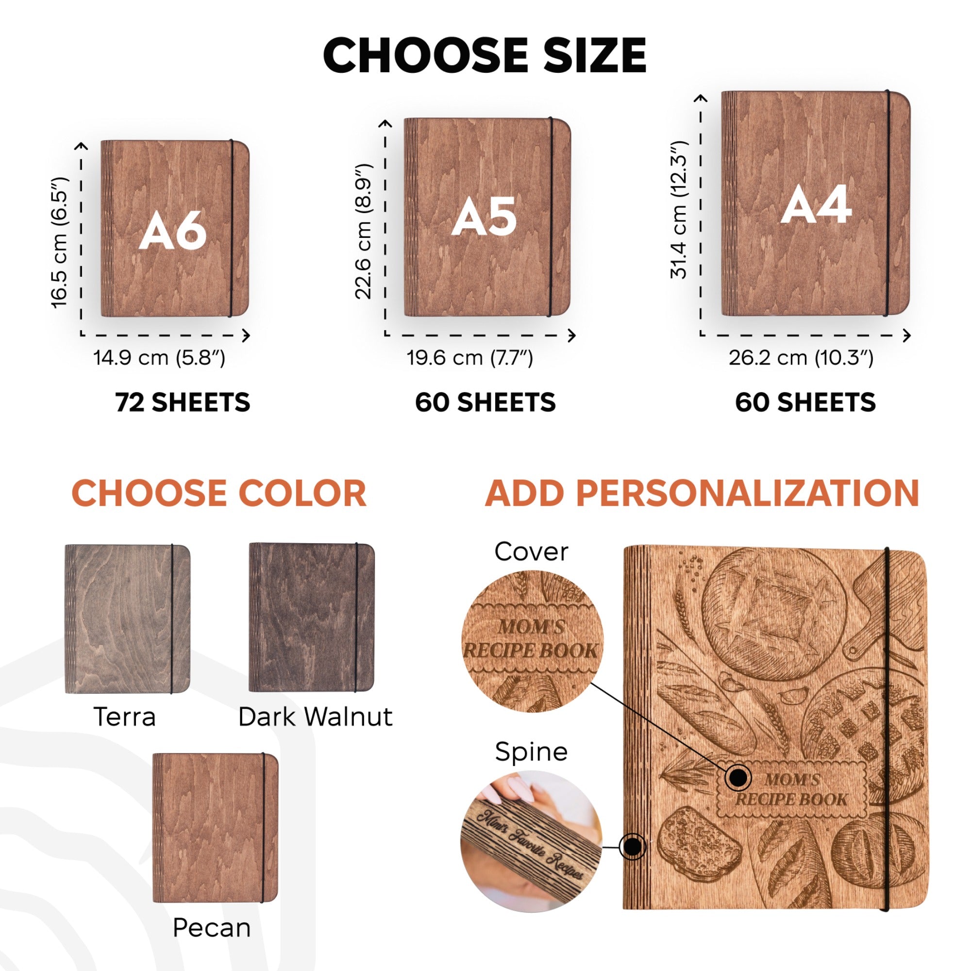 Wooden notebook size chart with dimensions and customization options on a white background.