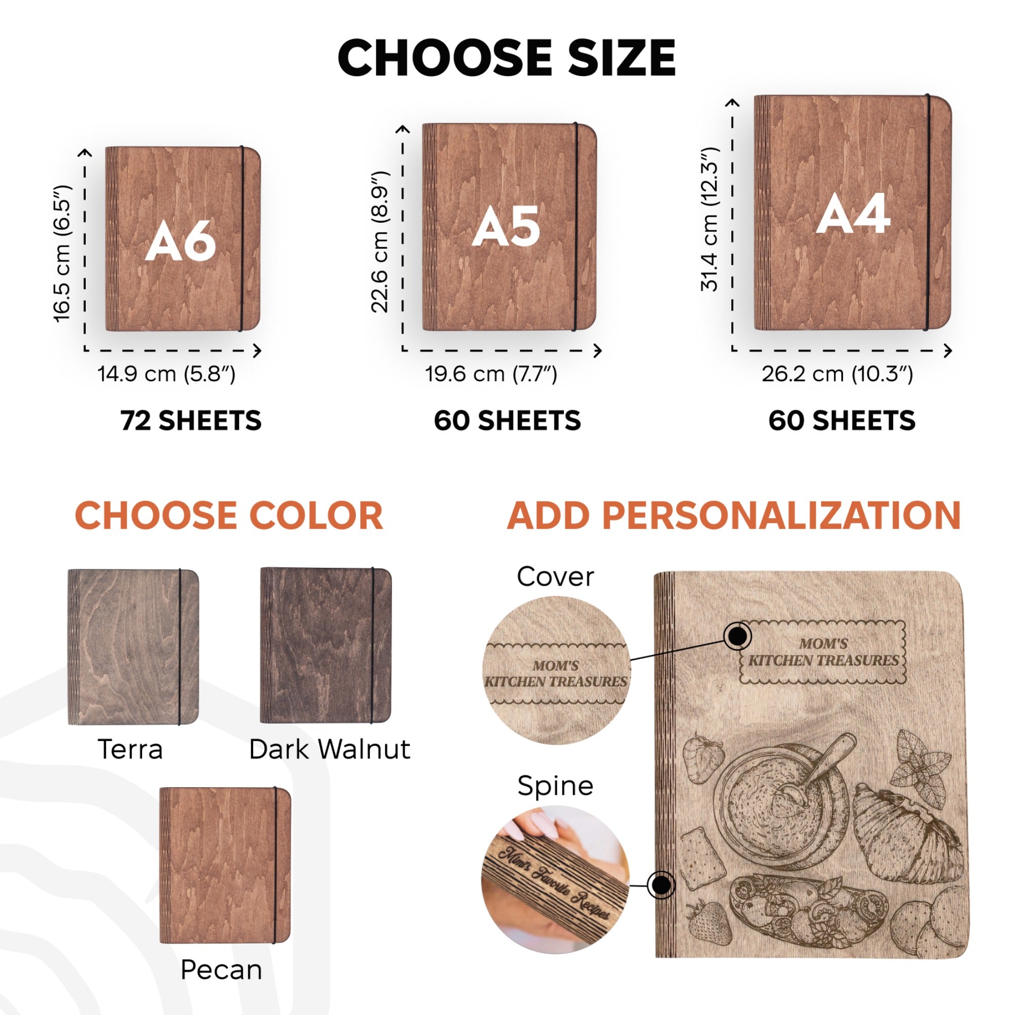Wooden notebook size chart with dimensions and customization options.