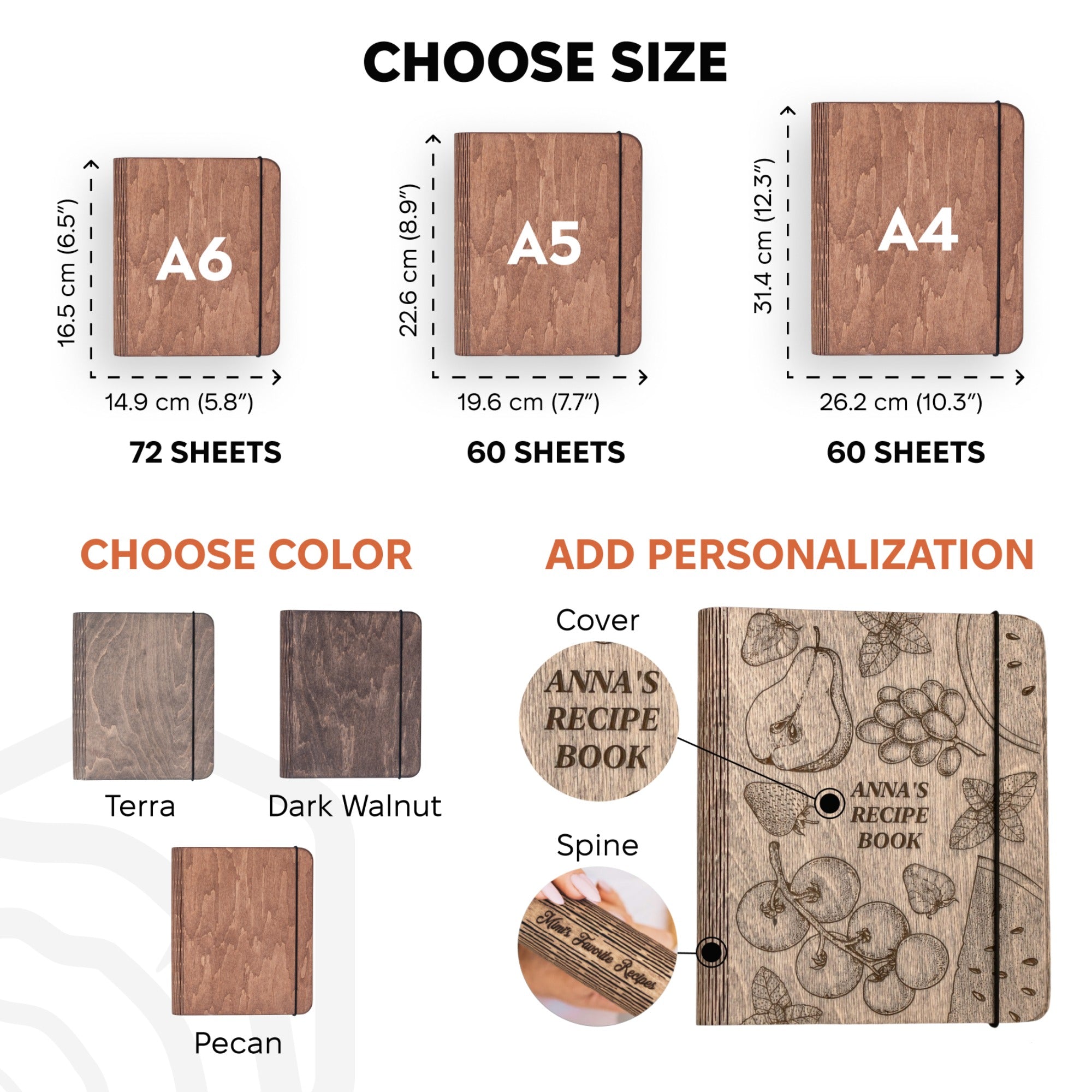 Wooden notebook size chart with dimensions and customization options.