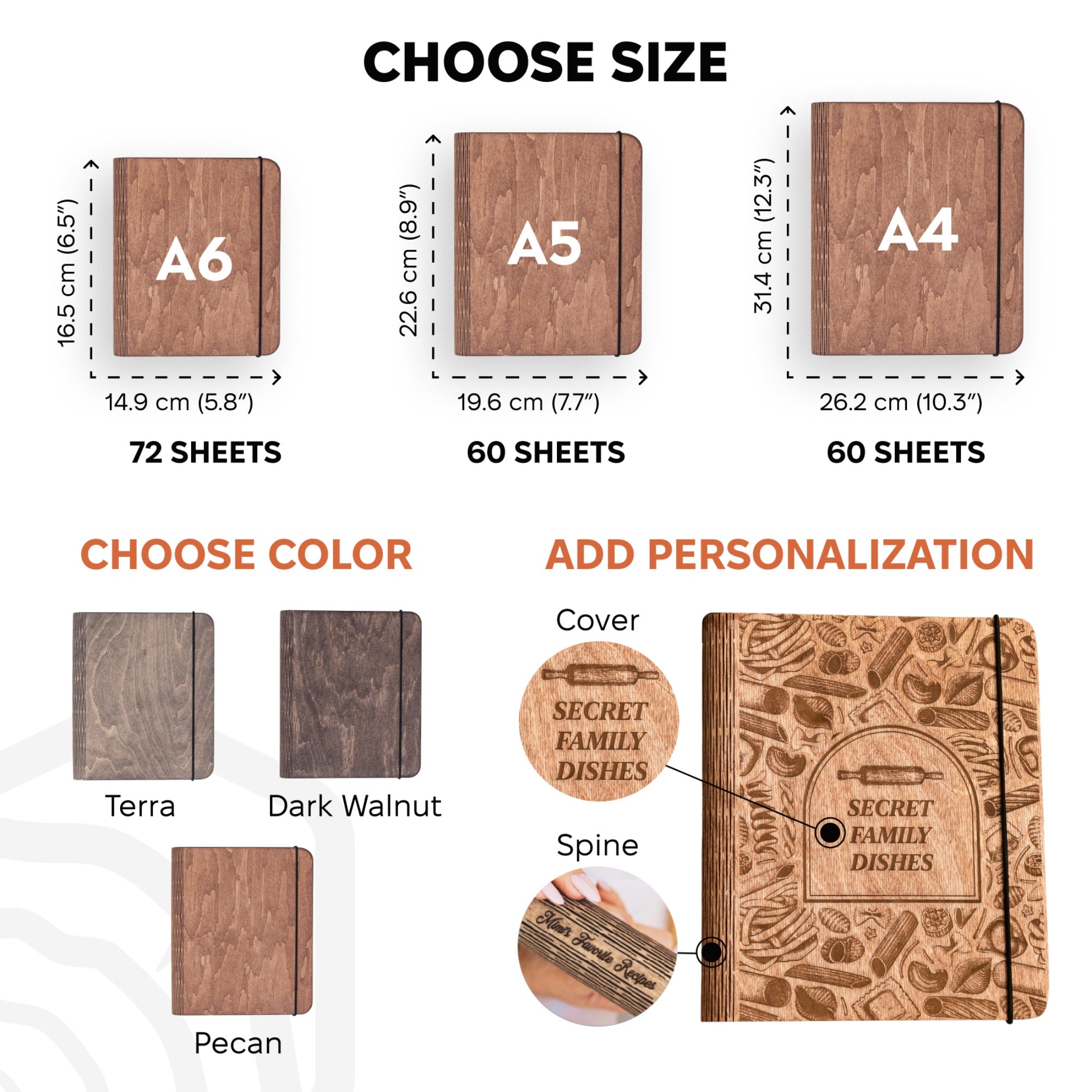 Wooden notebooks with different sizes, colors, and personalization options on a white background.