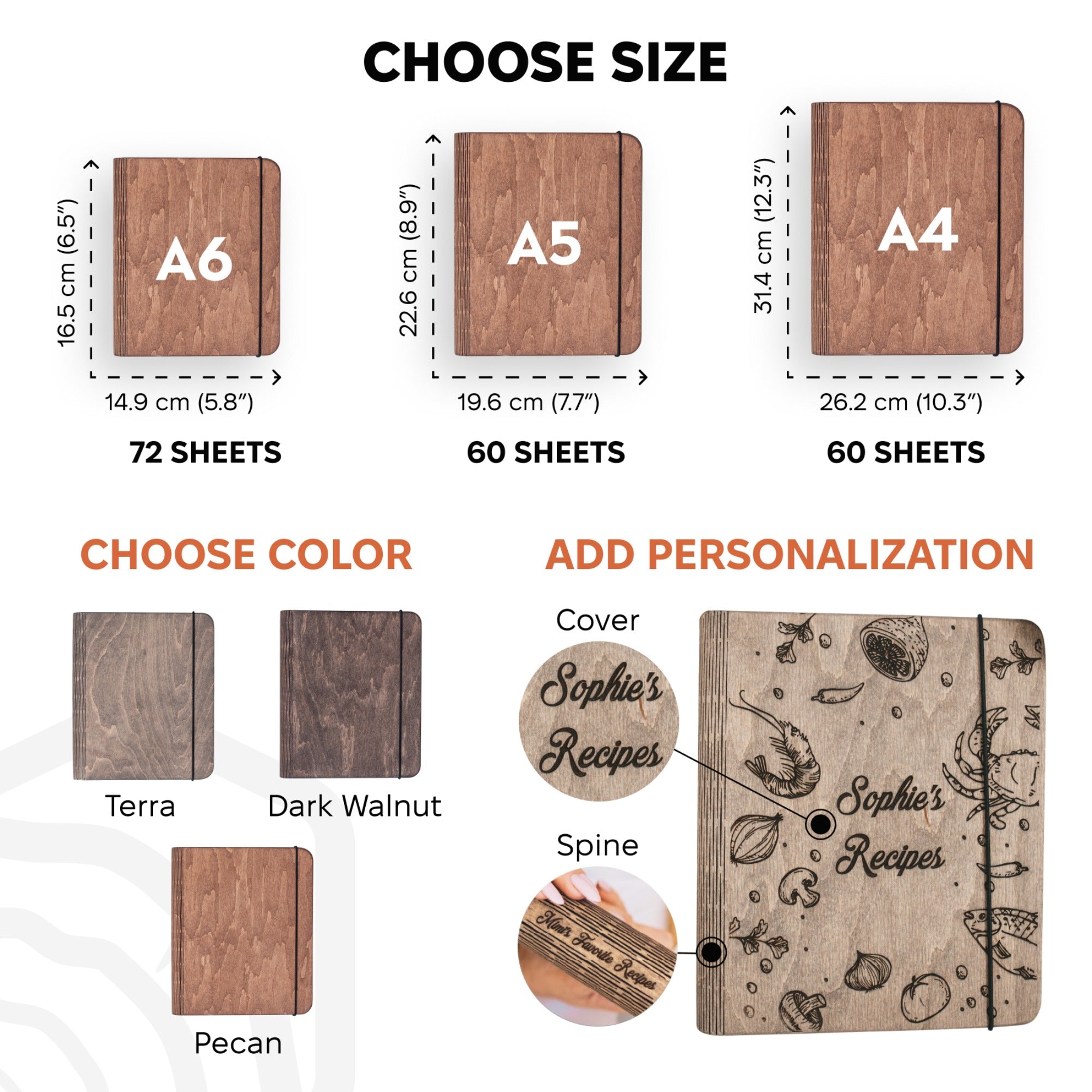 Wooden notebook size chart with dimensions and customization options on a white background.