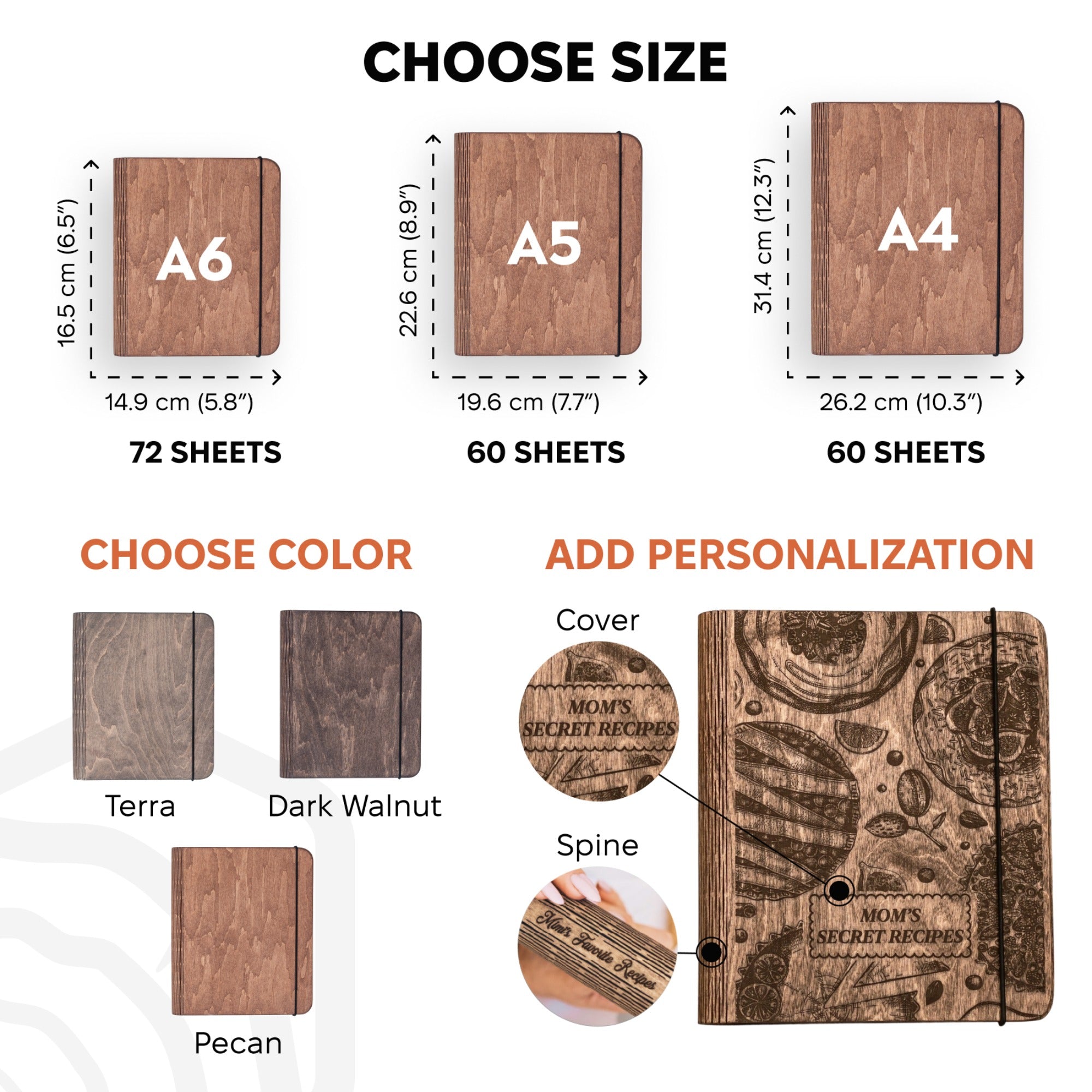 Wooden notebook size chart with dimensions and customization options.