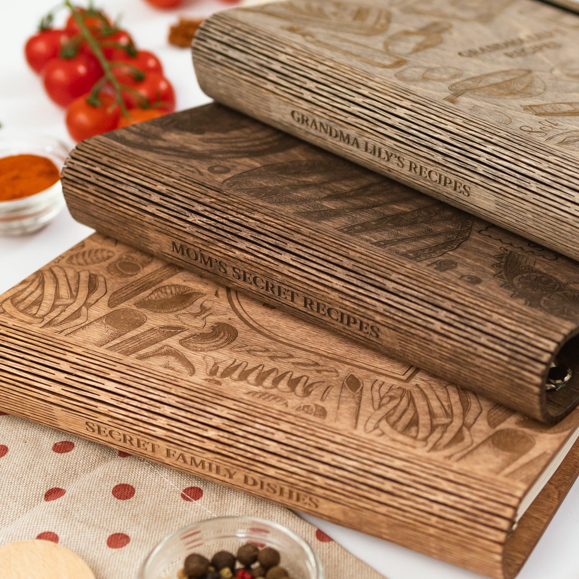 Wooden rolling pin with engraved text on a kitchen setting