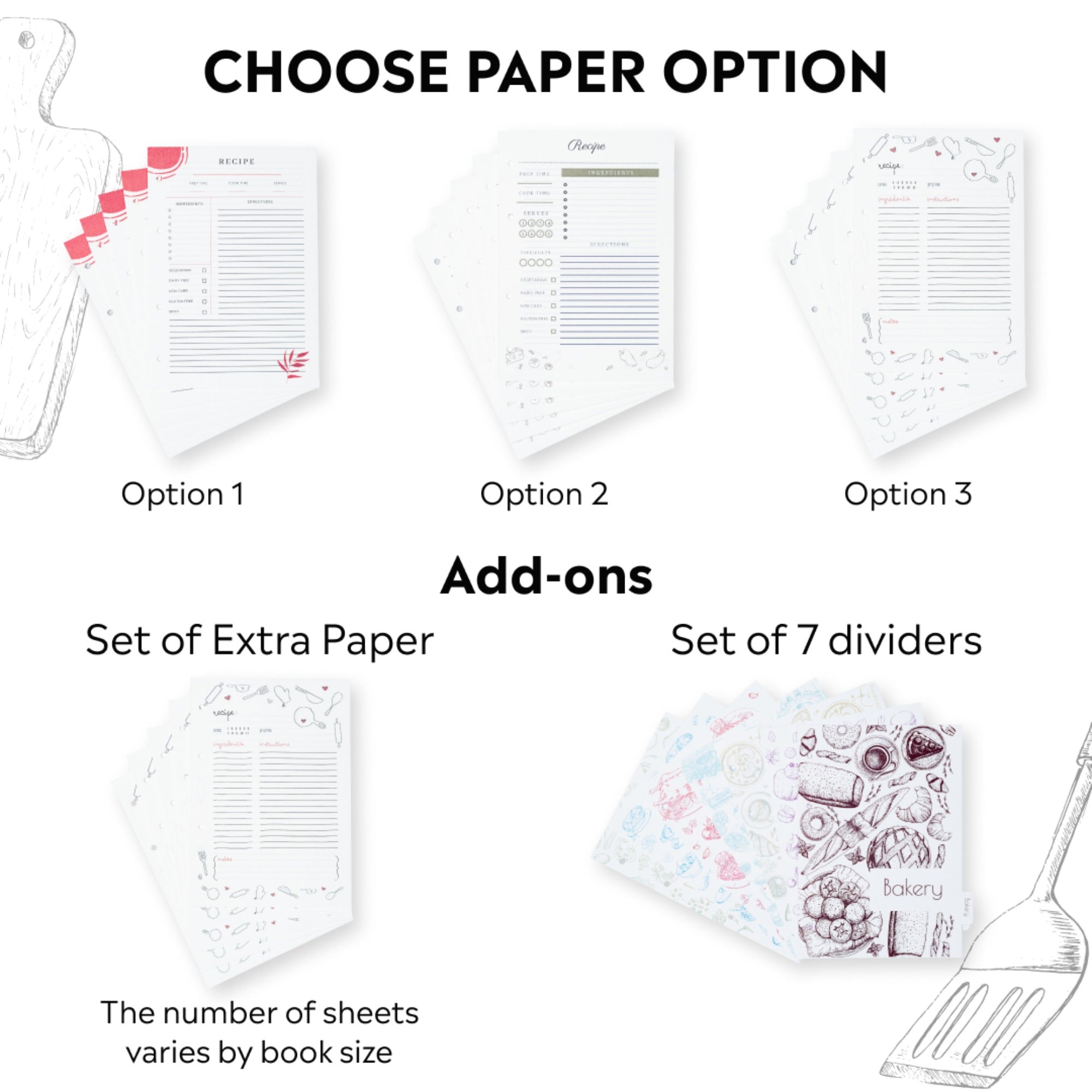 Product options with paper choices and additional add-ons on a white background