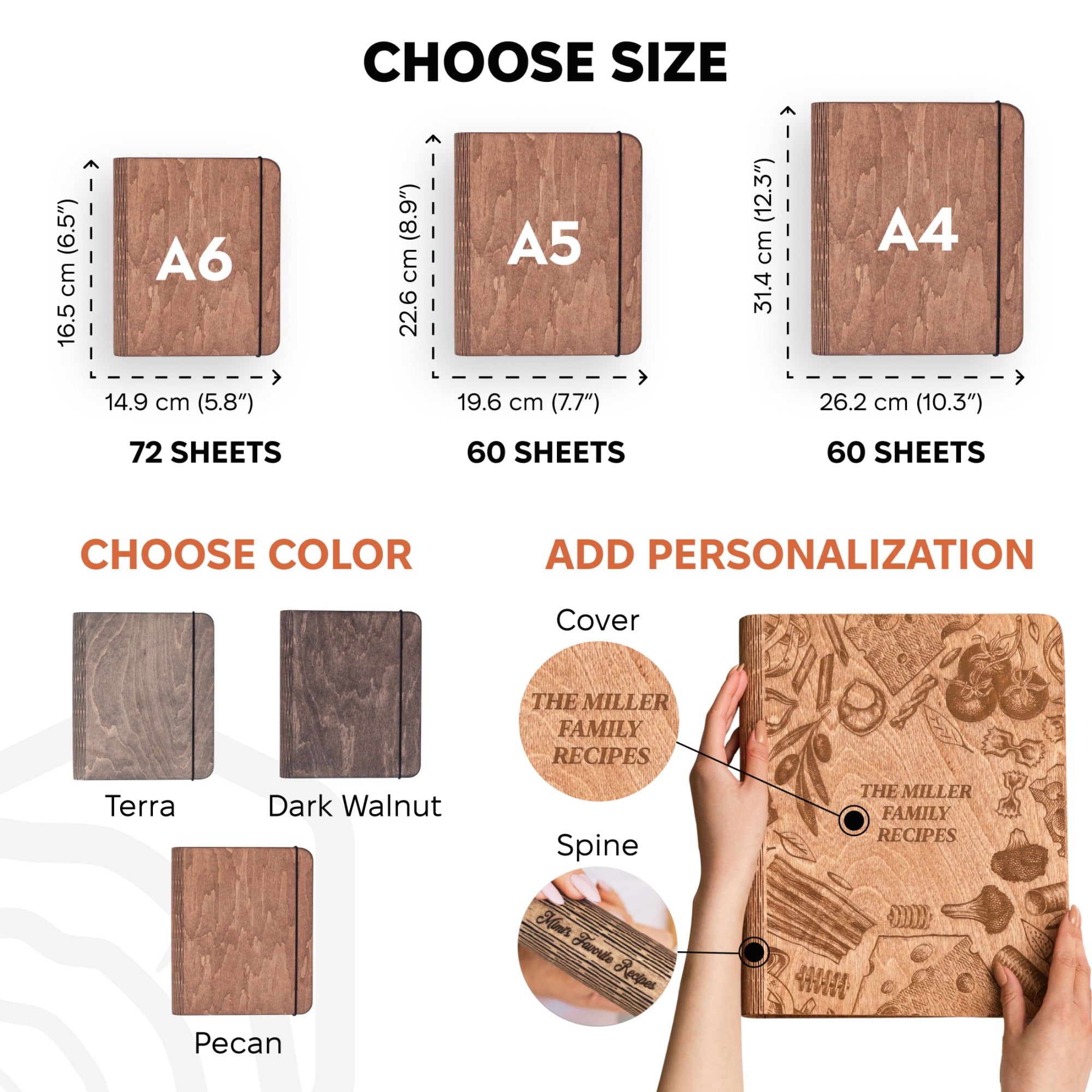 Wooden notebook size chart with dimensions and customization options.