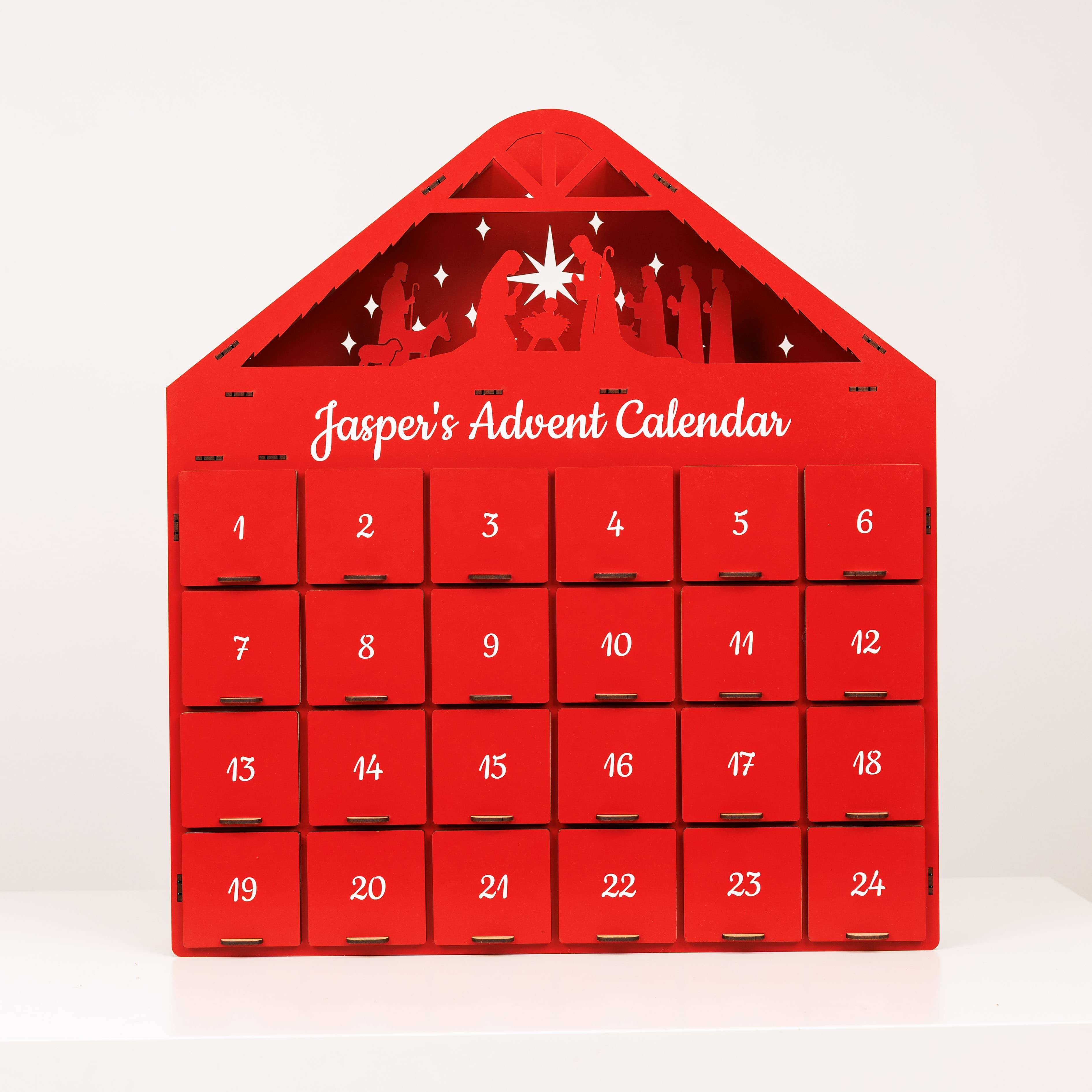Red advent calendar with 'Jasper's Advent Calendar' text on a white background