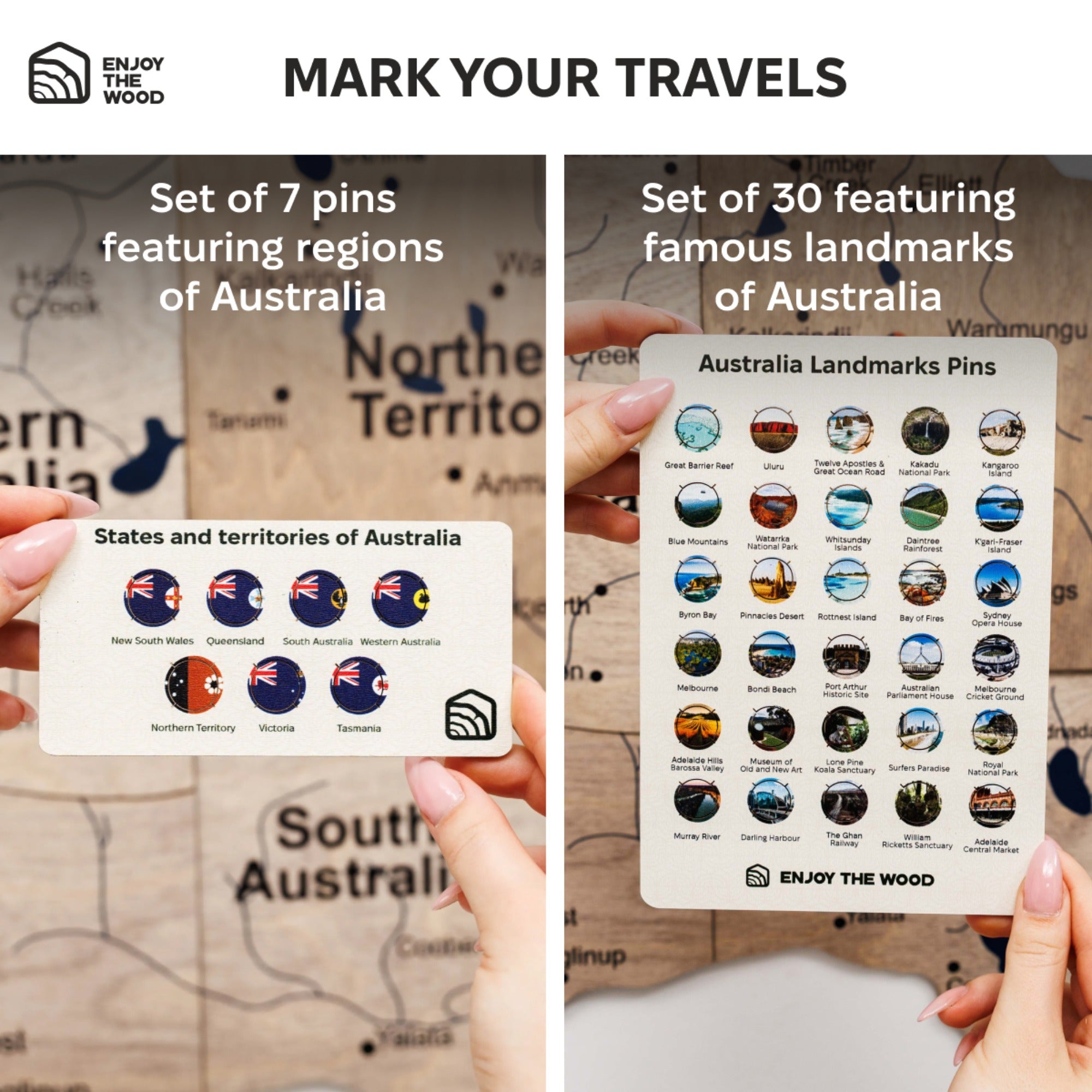 Two sets of Australian-themed pins held over a map, one with regional flags and the other with famous landmarks.