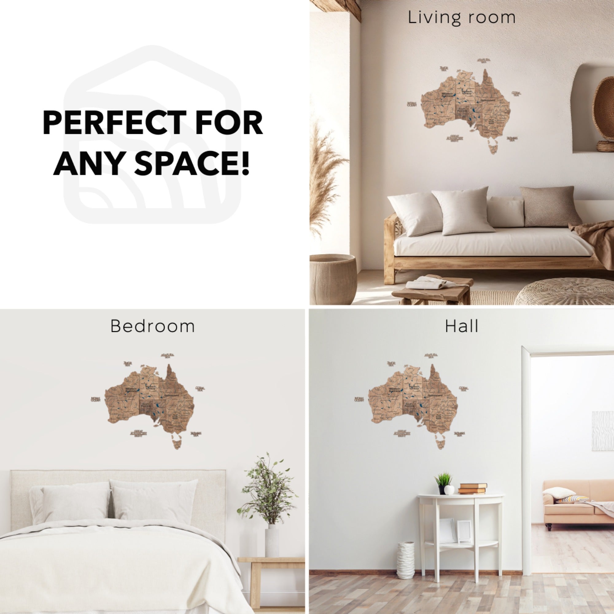 Wall decal of an Australia map in various rooms with text 'Perfect for any space'.