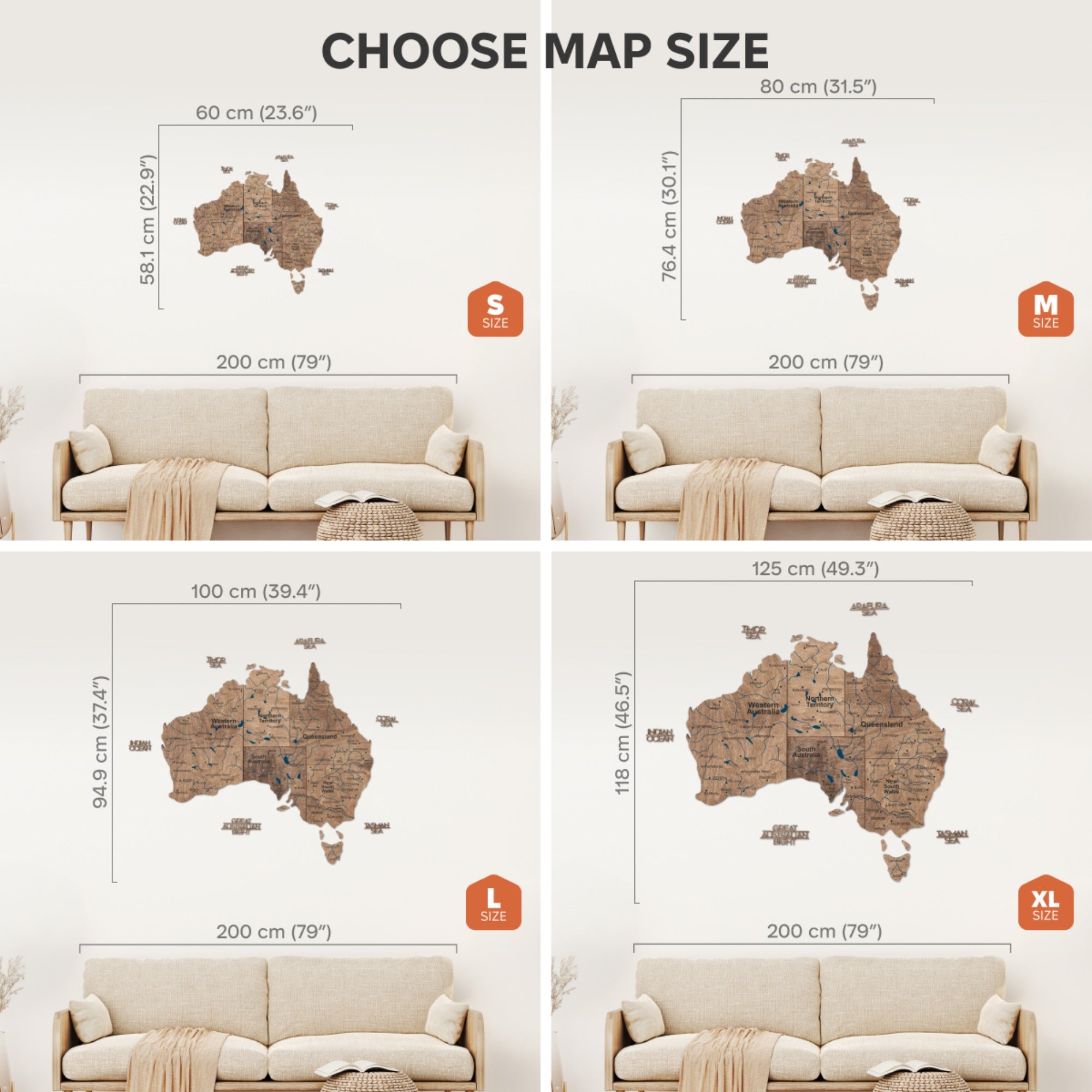 Comparison of different sizes of Australia wall maps with a beige sofa for scale.