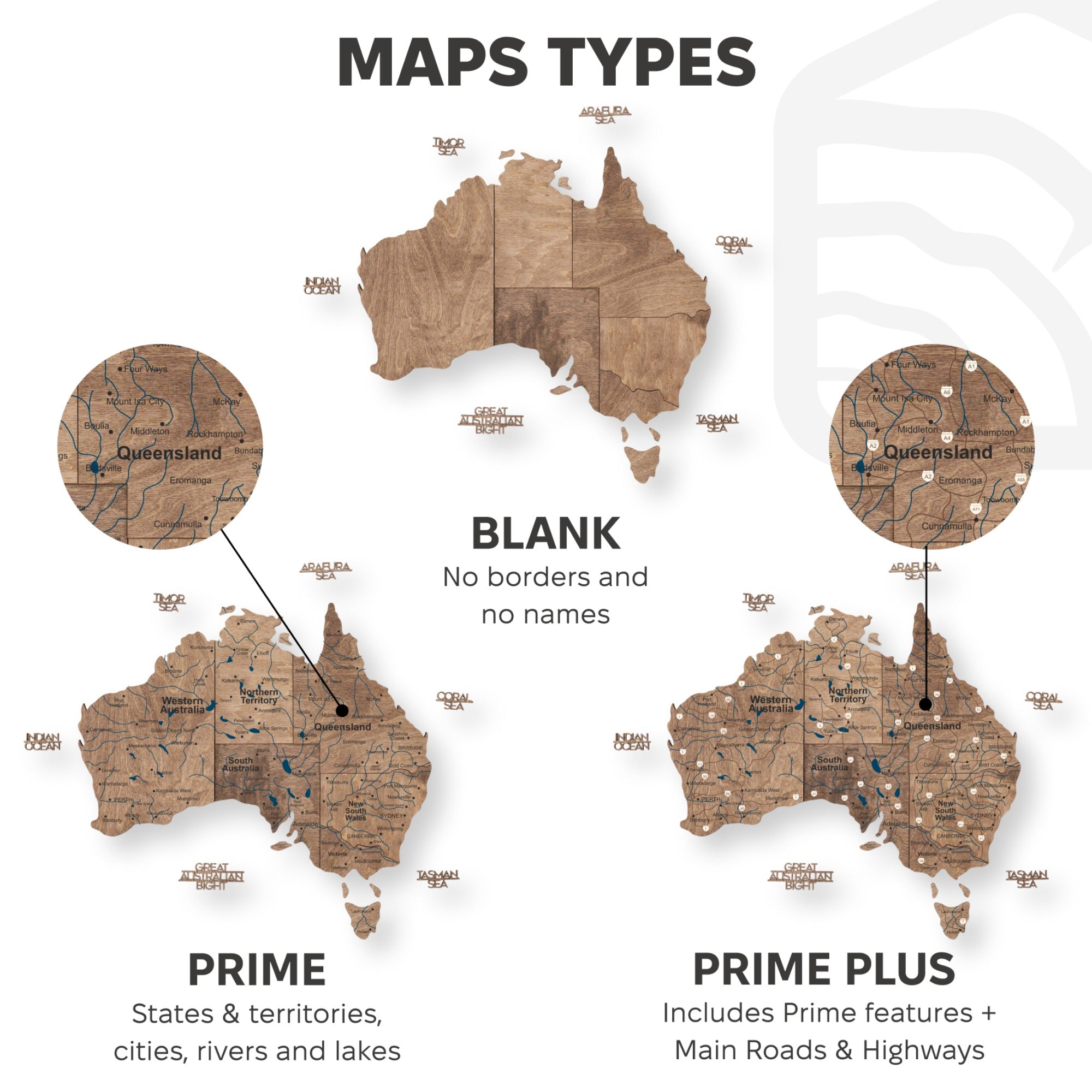 Types of maps displayed with labels on a white background