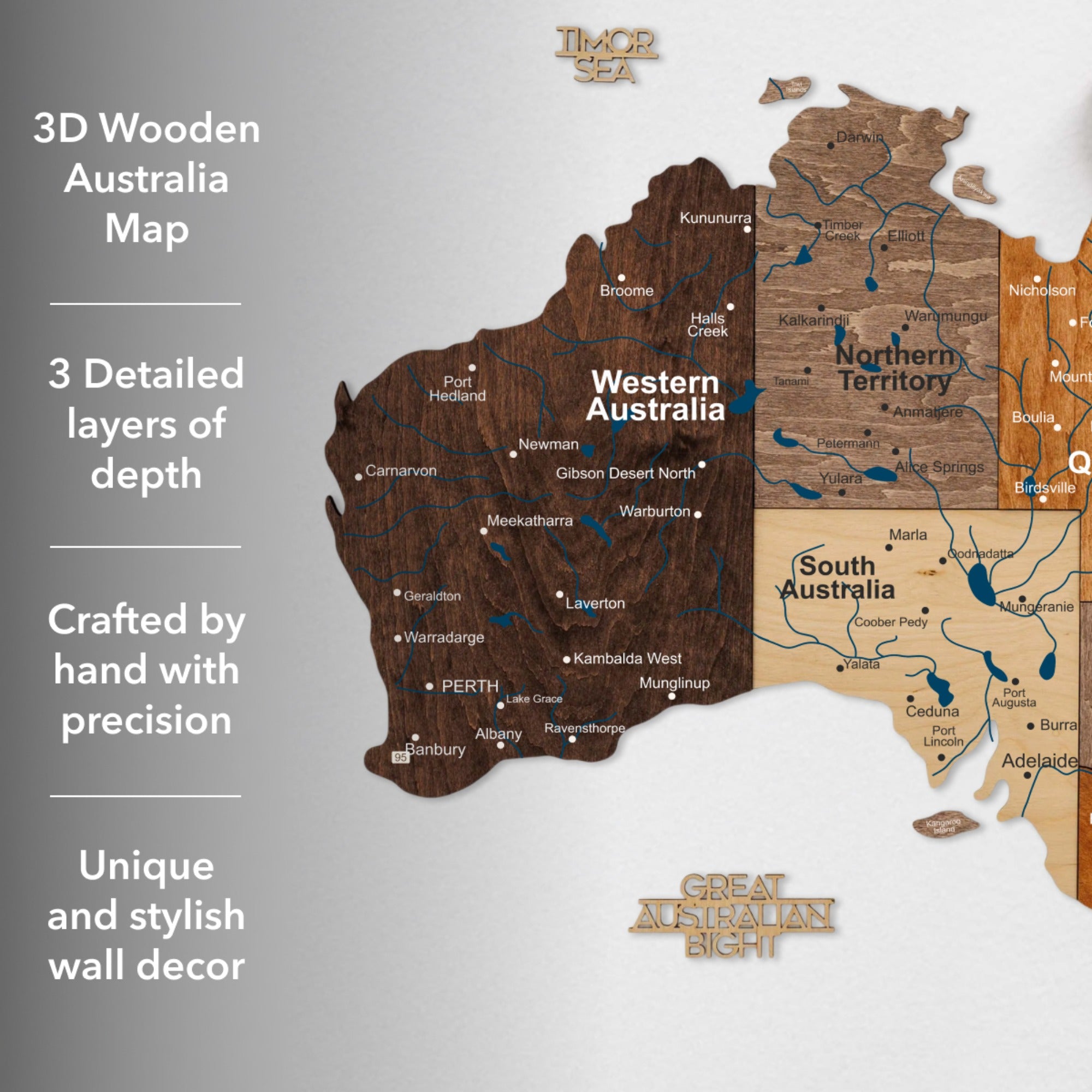 3D wooden Australia map with text describing its features on a gray background