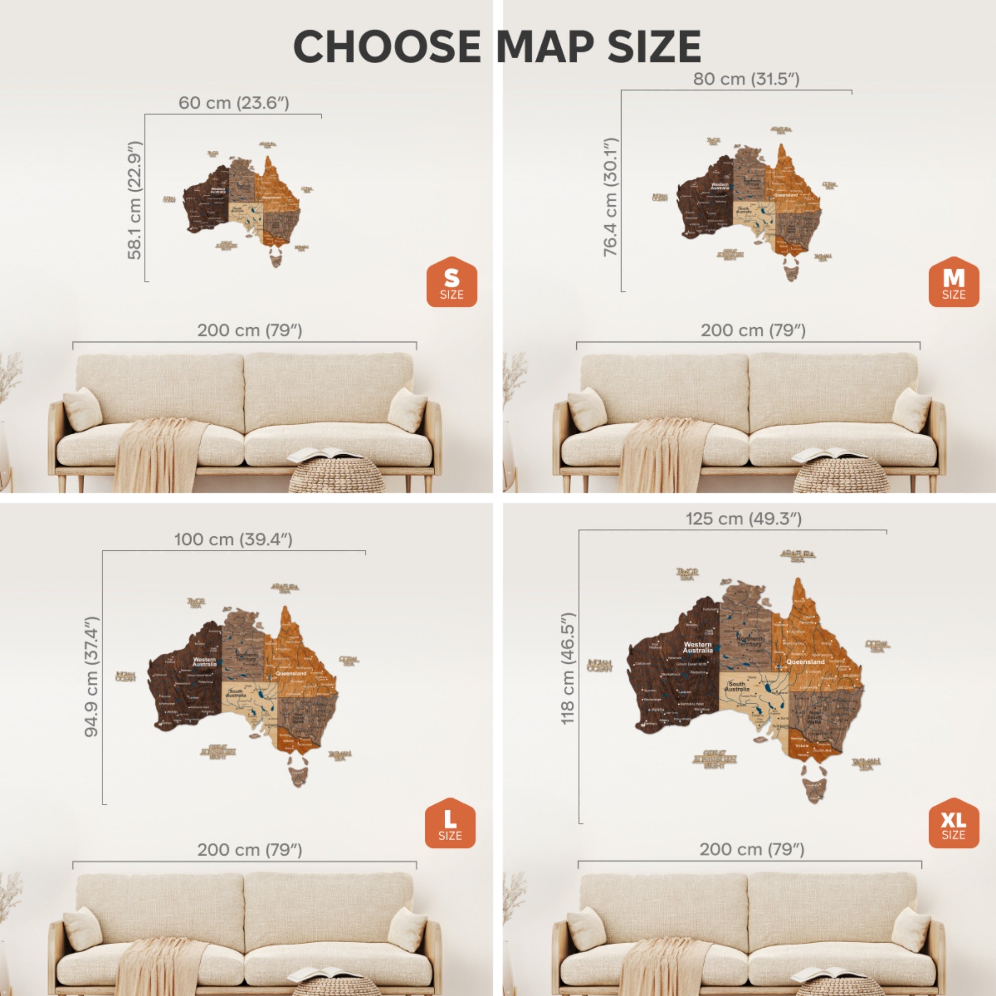 Four size options of an Australia map wall decal displayed with a sofa for scale.