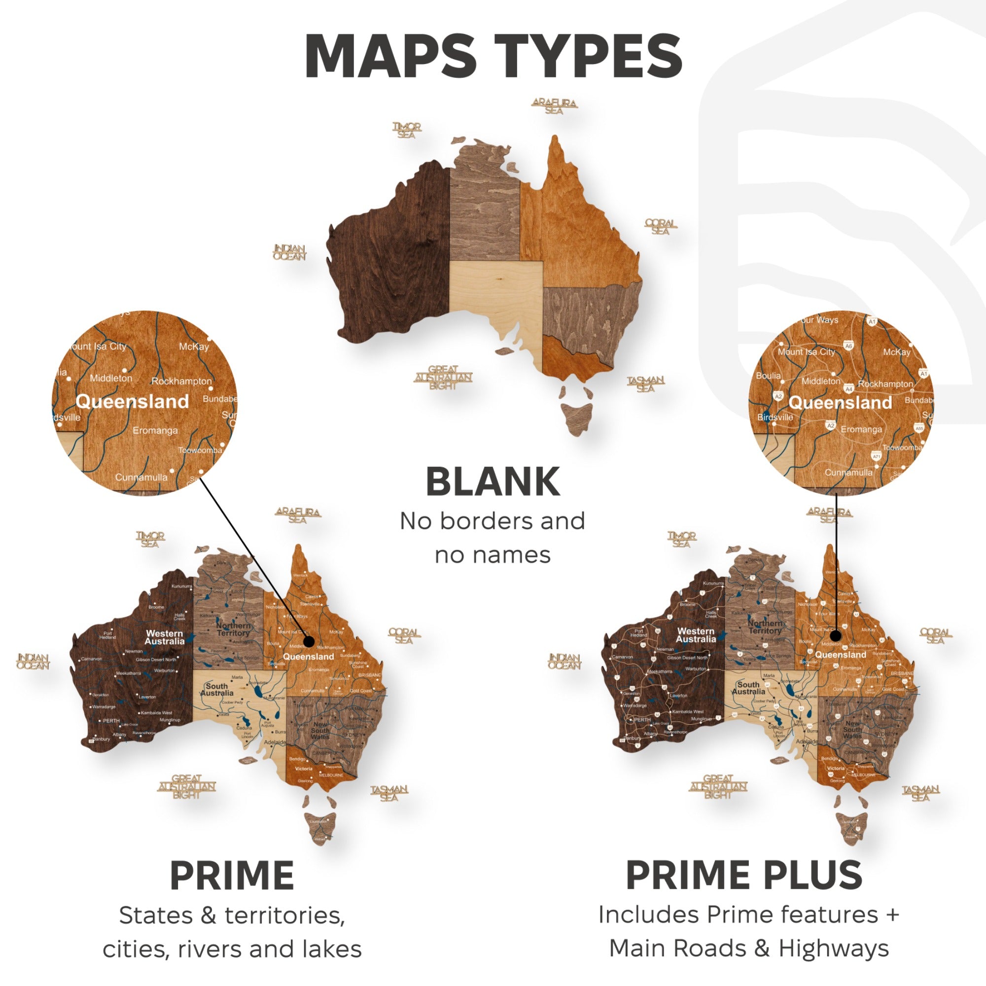 Comparison of different map types of Australia on a white background