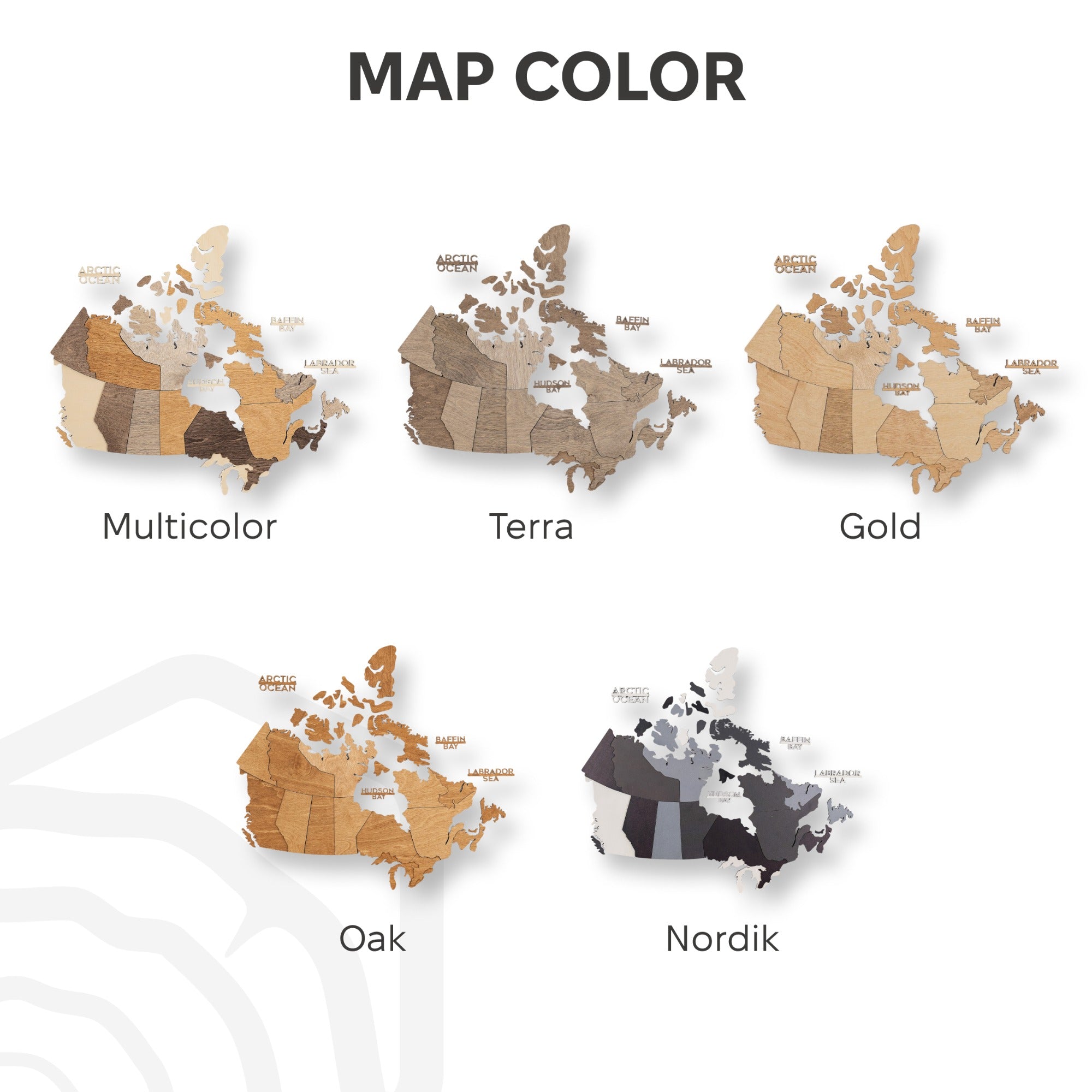Set of five map color options displayed on a white background