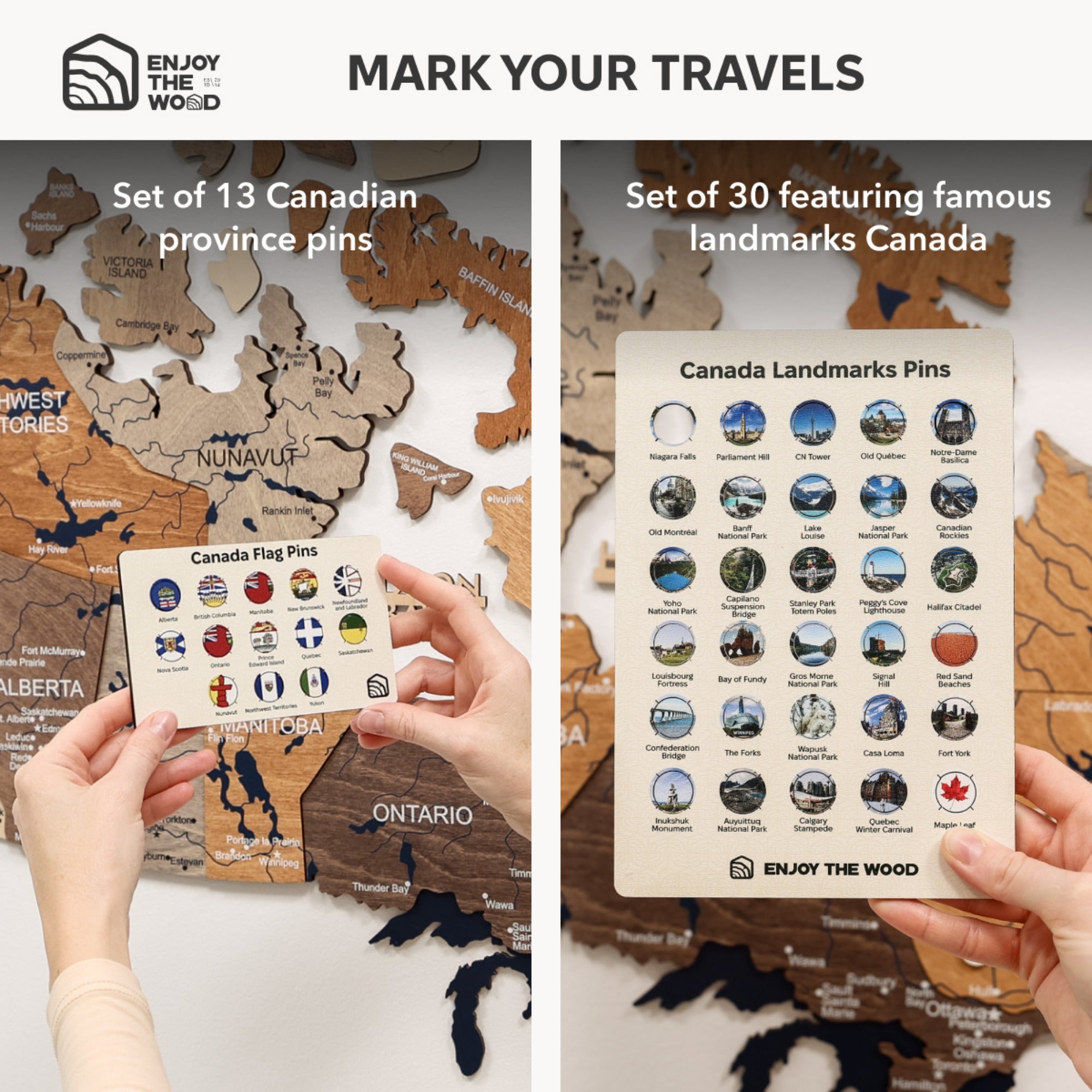 Set of 13 Canadian province pins and 30 Canada landmark pins with a map background.