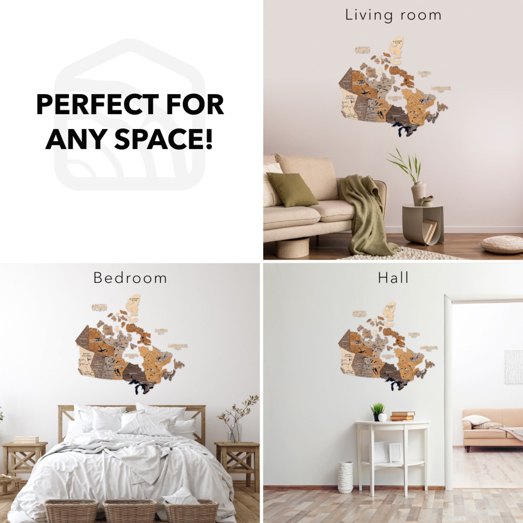 Wooden wall map displayed in various rooms with text 'Perfect for any space!'.