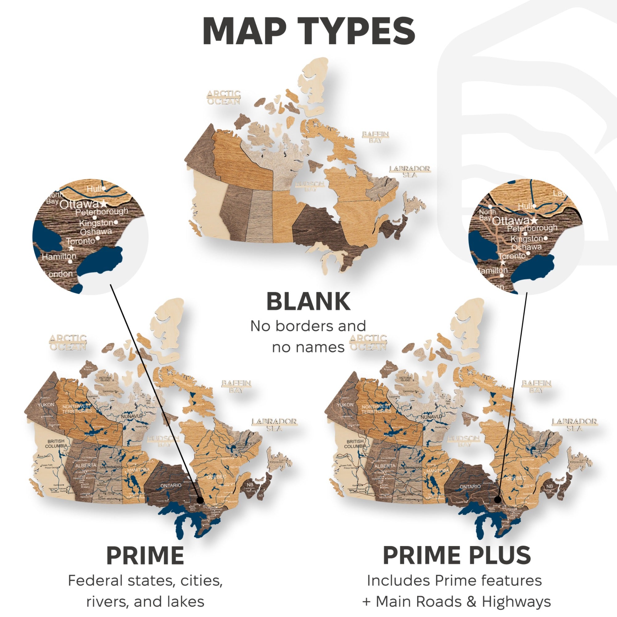 Comparison of different map types with labels on a white background