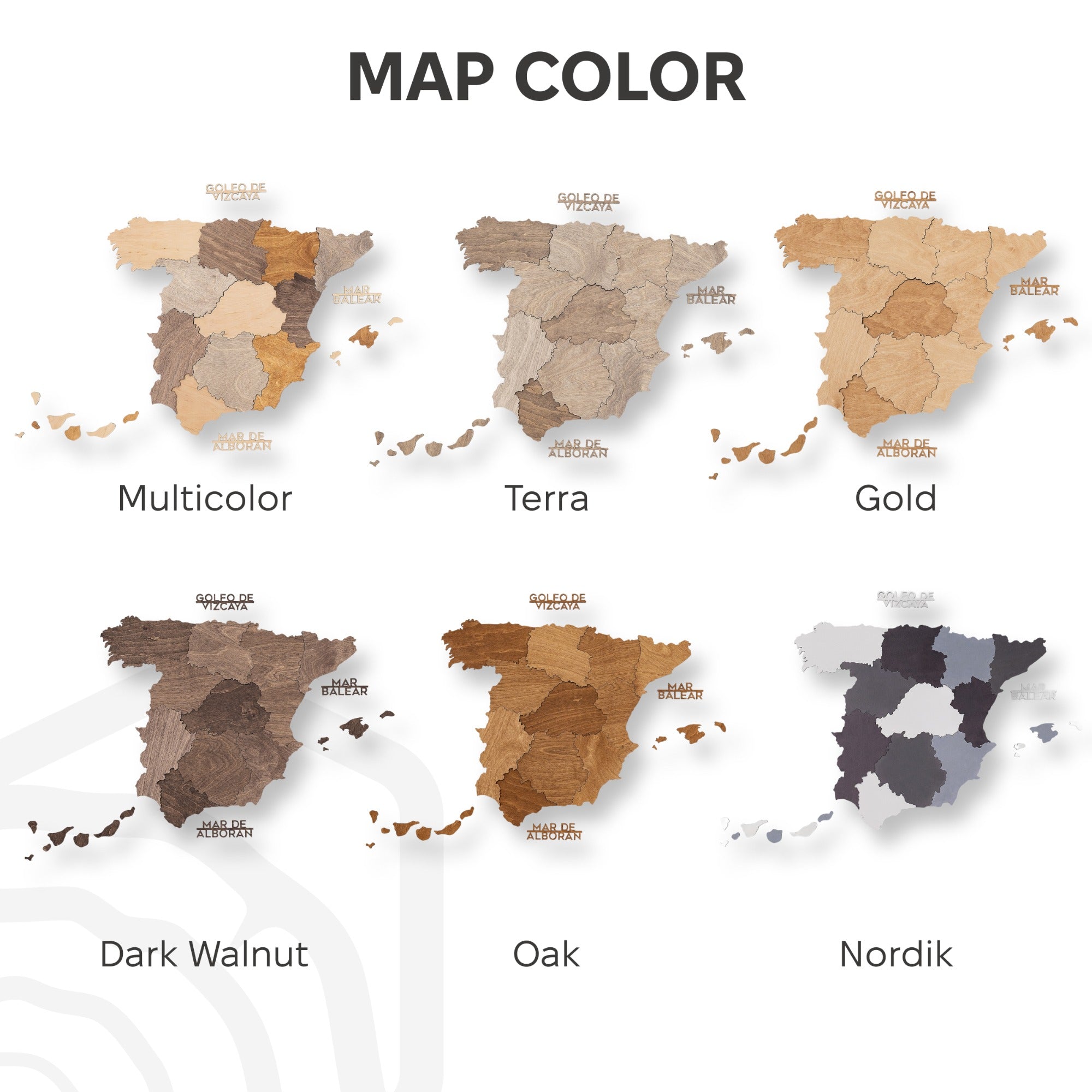 Set of map color options including Multicolor, Terra, Gold, Dark Walnut, Oak, and Nordik.