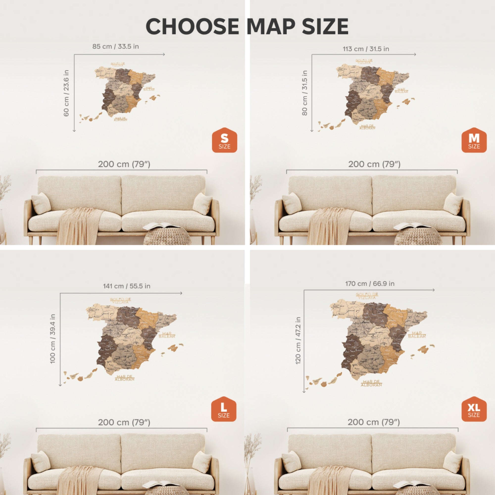 Comparison of different map sizes with a sofa for scale on a white background