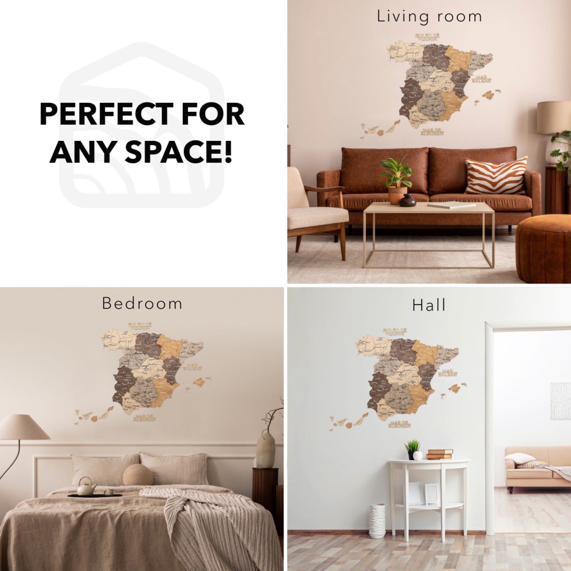 Collage of a wall decal of a map in various rooms with text 'Perfect for any space!'.