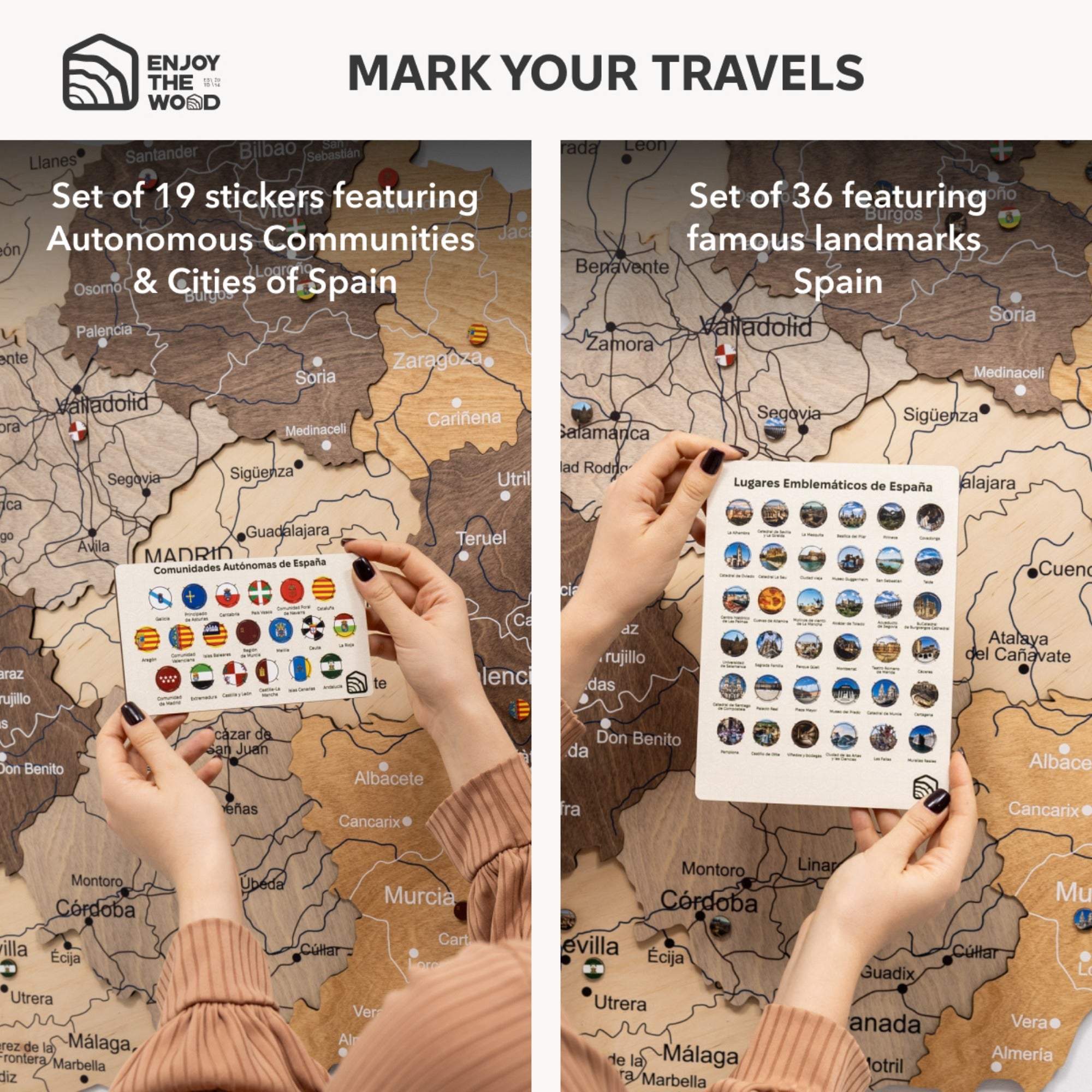 Two sets of travel stickers featuring autonomous communities/cities of Spain and famous landmarks of Spain on a map background.