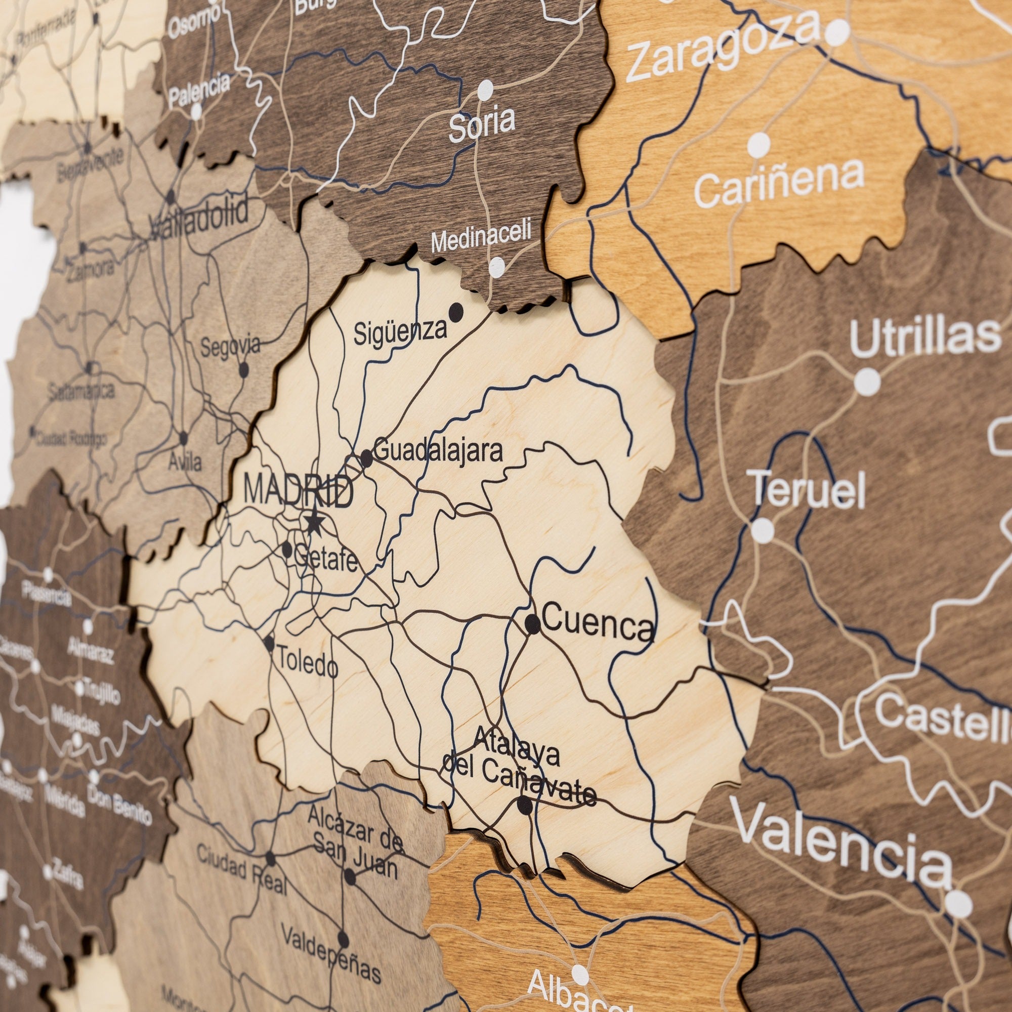Wooden map of Spain with regions highlighted