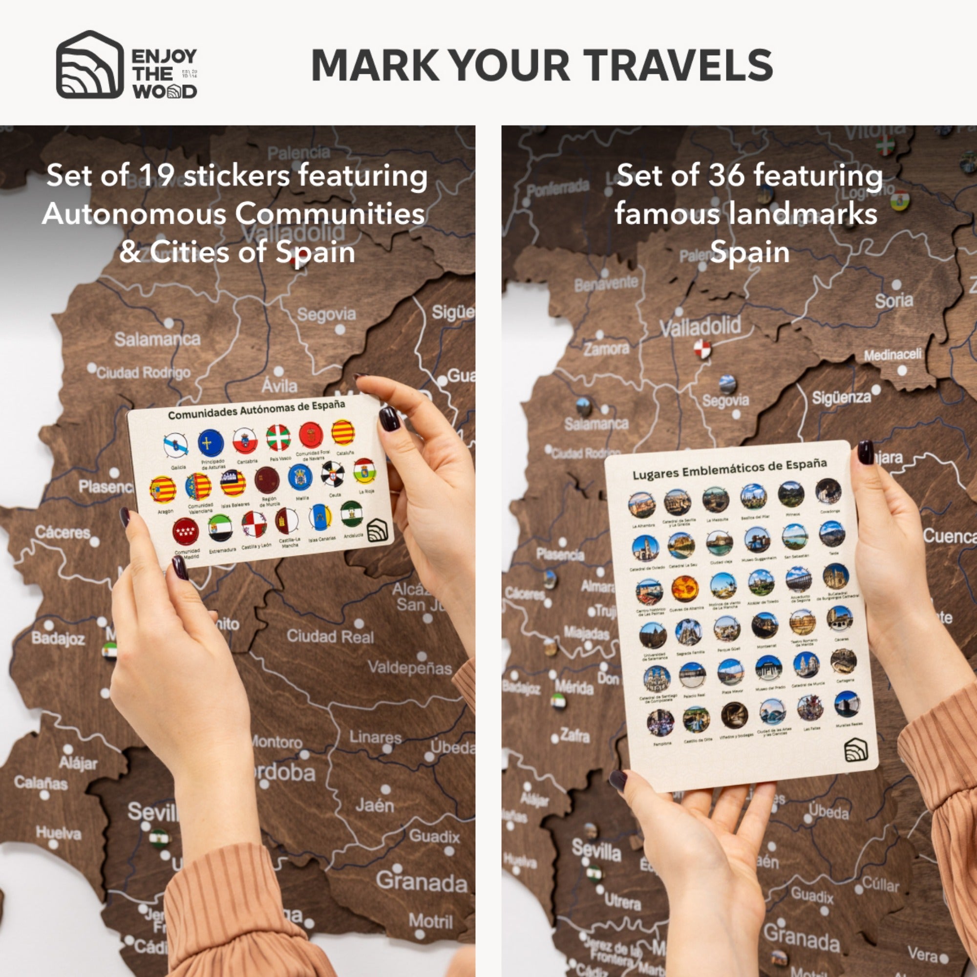 Two sets of travel stickers for a map of Spain, featuring autonomous communities and famous landmarks.