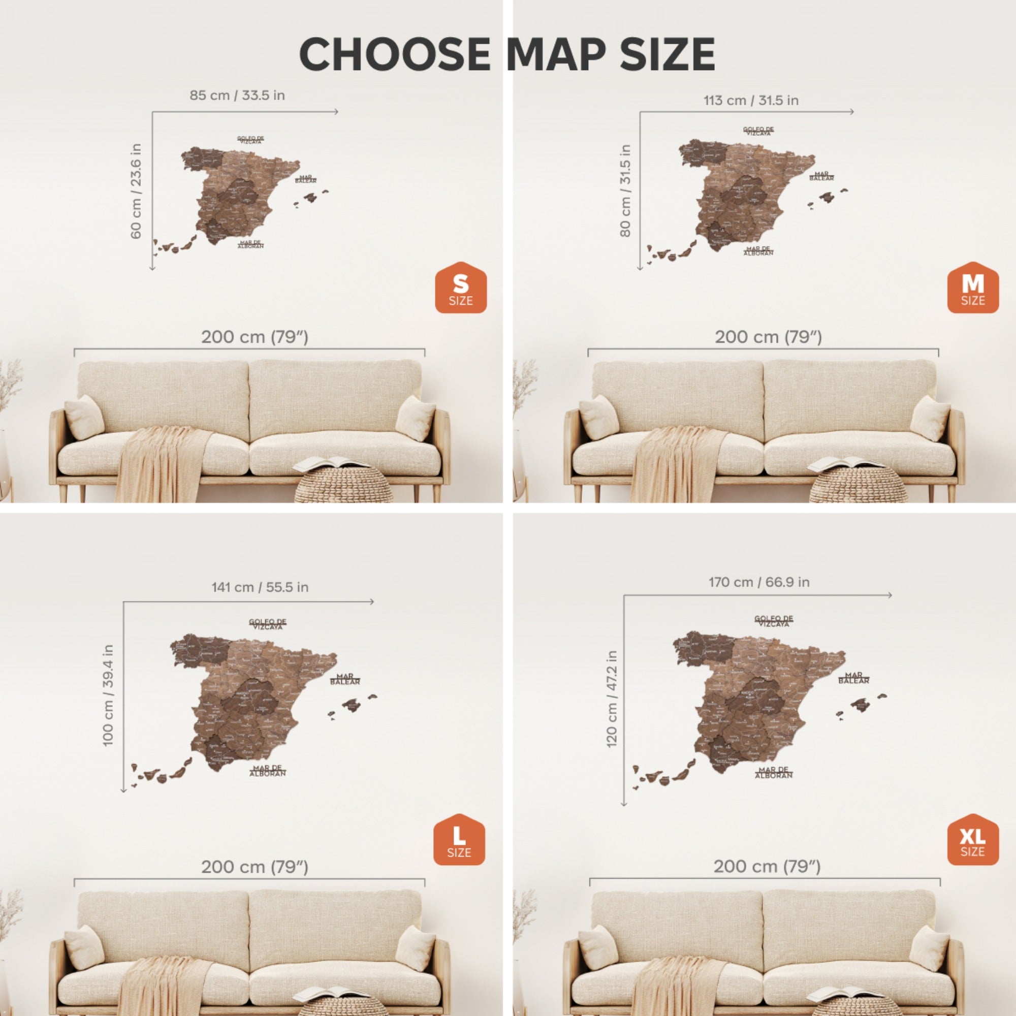 Four size options of a wall map of Spain with corresponding dimensions displayed on a white background.