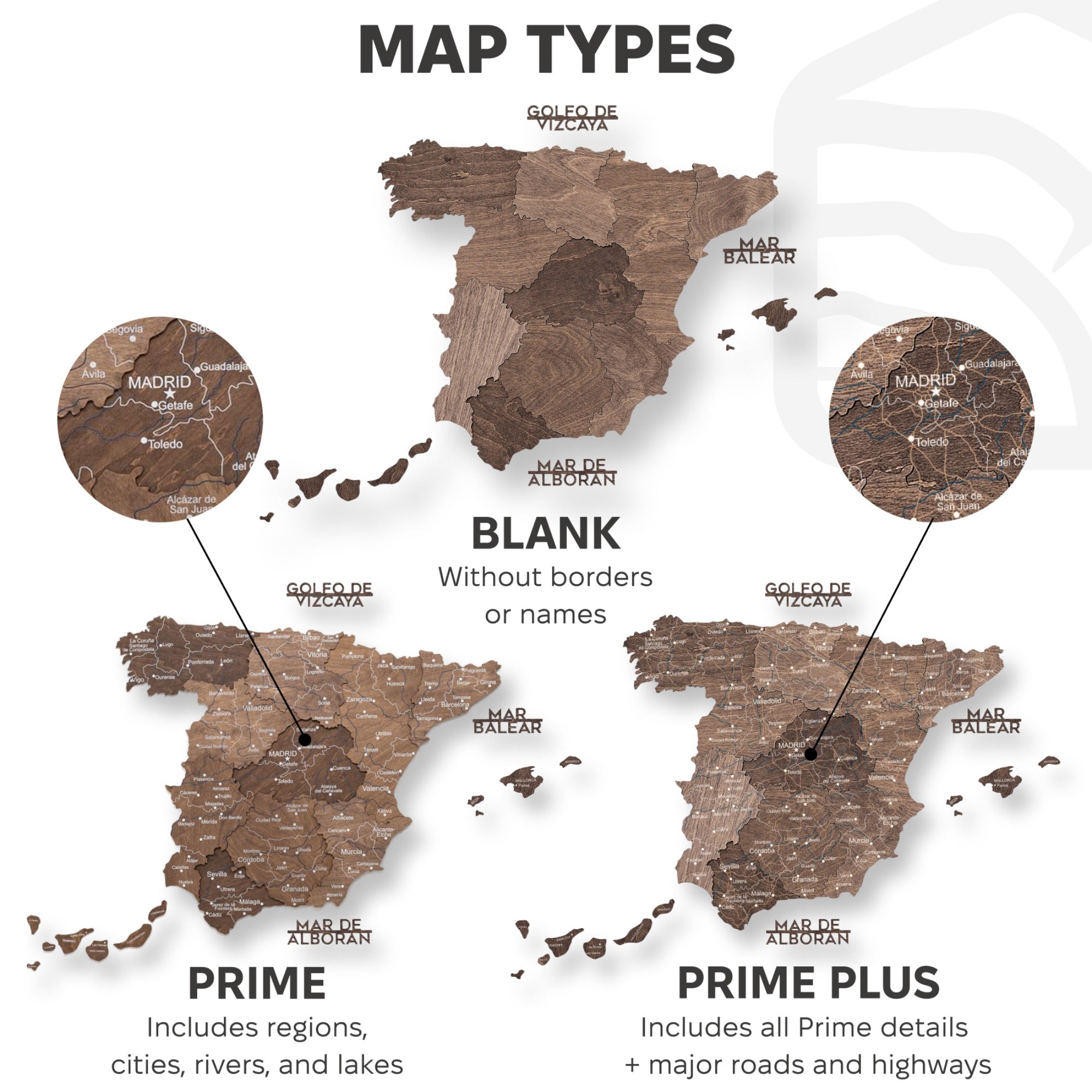Comparison of map types with different levels of detail on a white background