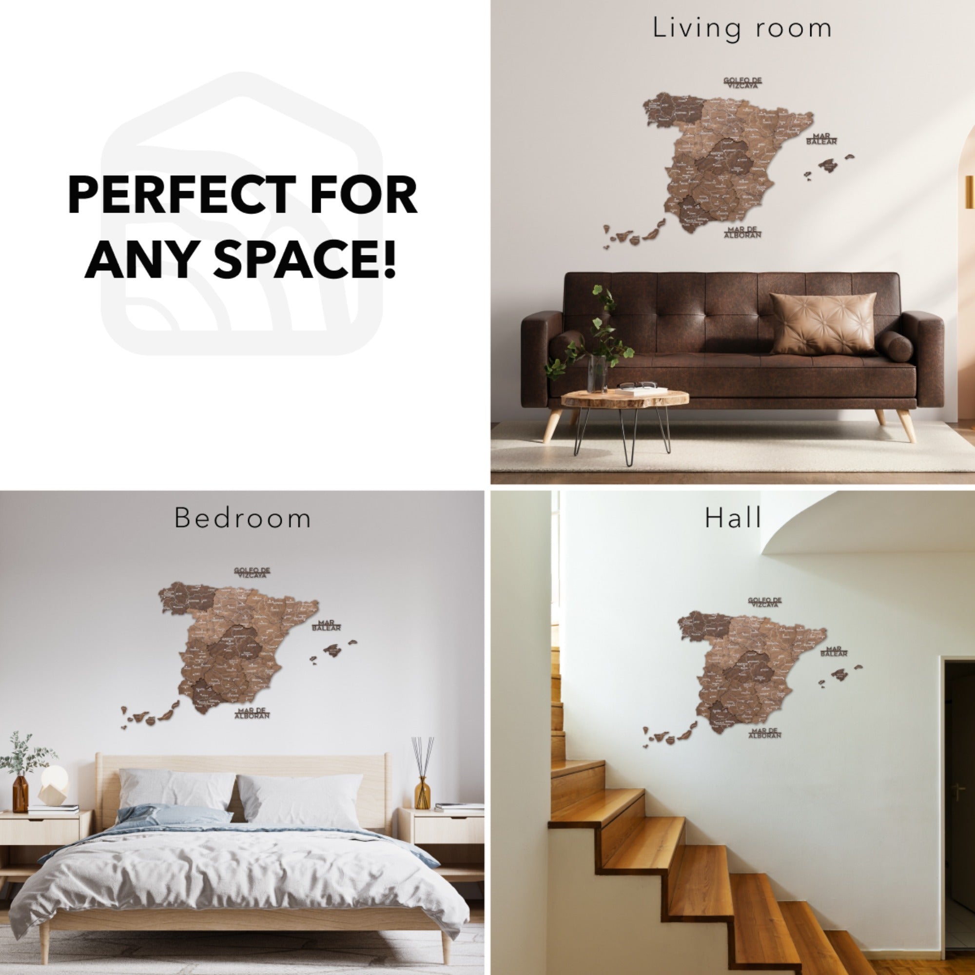 Collage of a wall decal of a map of Spain in various rooms with text 'Perfect for any space!'.